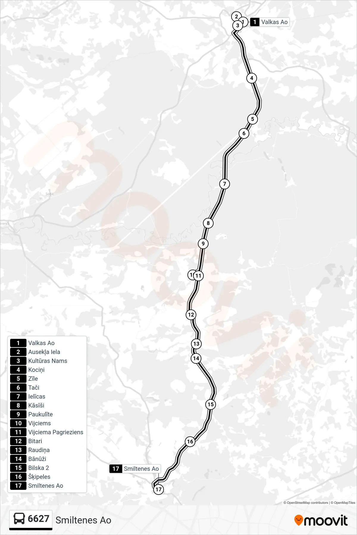 6627 bus Line (Smiltenes Ao) route and stops on a map