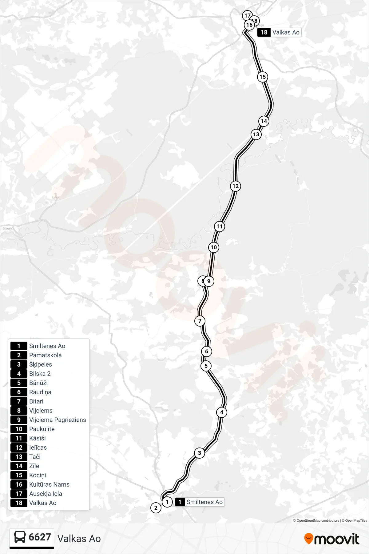 6627 bus Line (Valkas Ao) route and stops on a map
