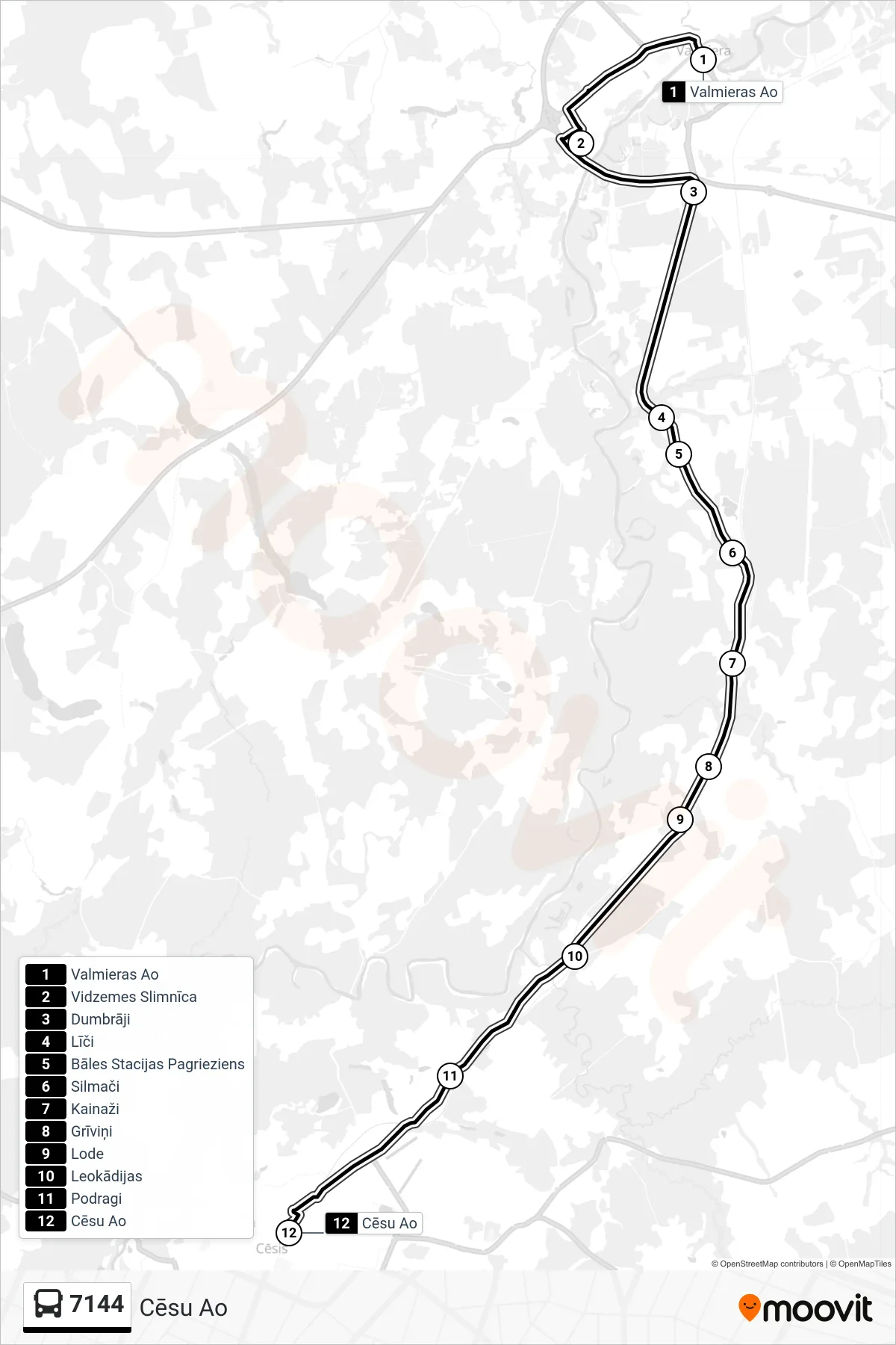 7144 bus Line (Cēsu Ao) route and stops on a map