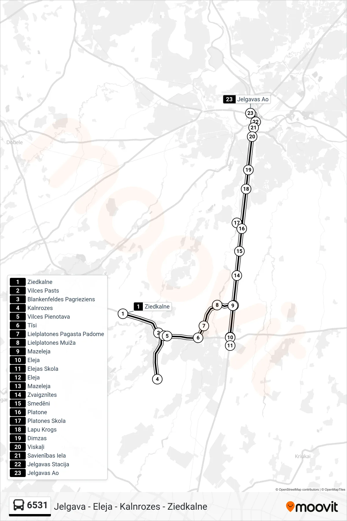 6531 bus Line (Jelgavas Ao) route and stops on a map