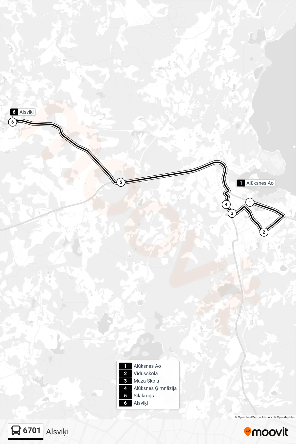6701 bus Line (Alsviķi) route and stops on a map