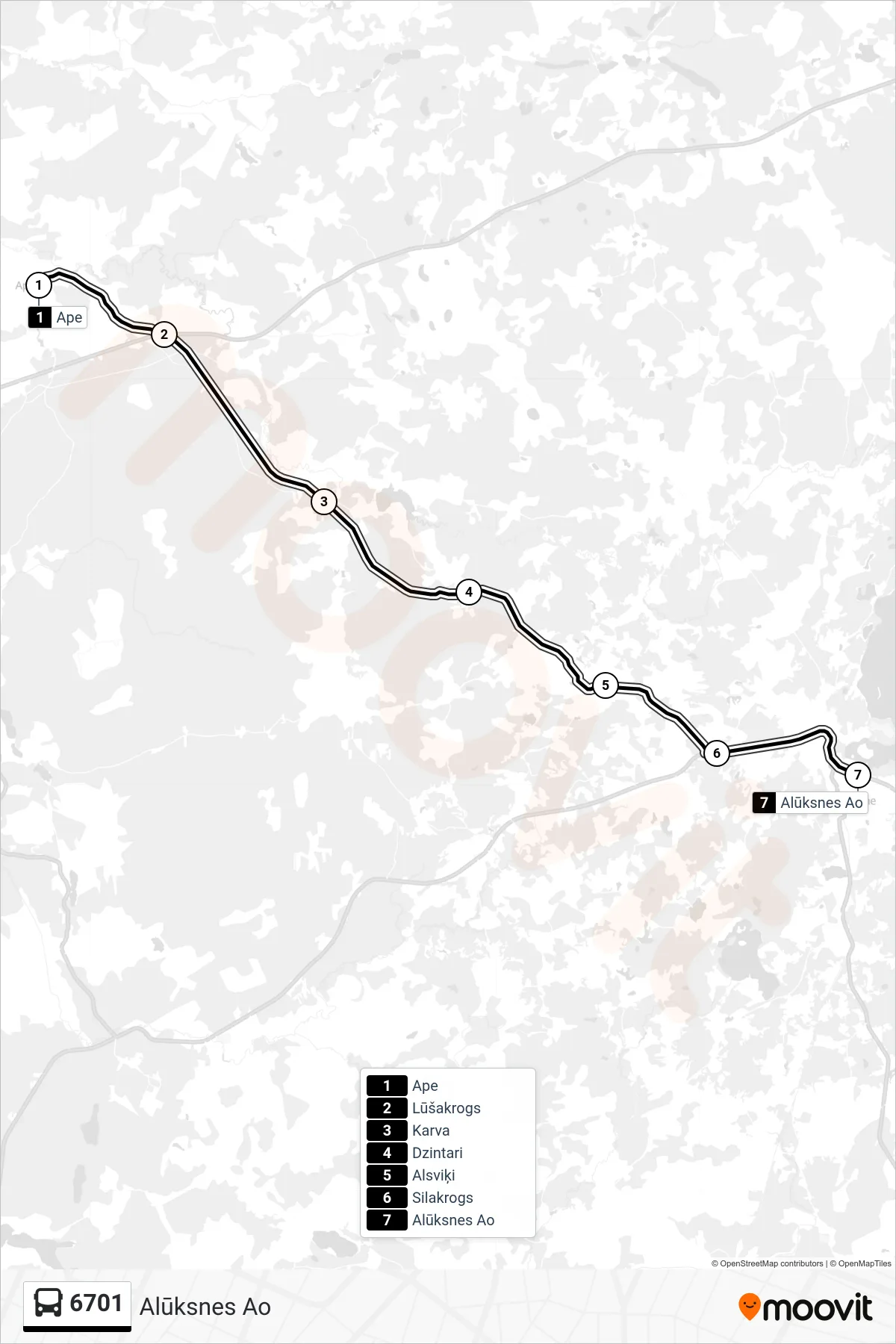 6701 bus Line (Alūksnes Ao) route and stops on a map