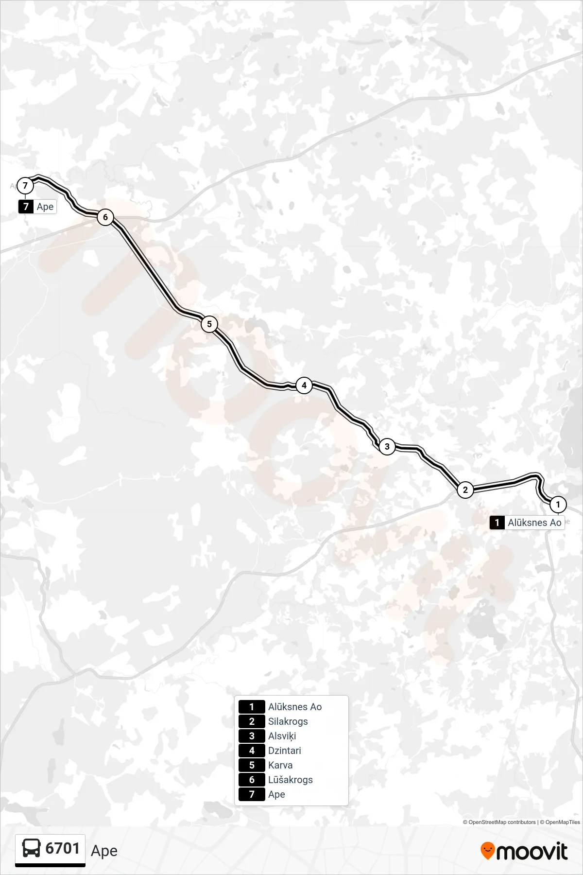 6701 bus Line (Ape) route and stops on a map