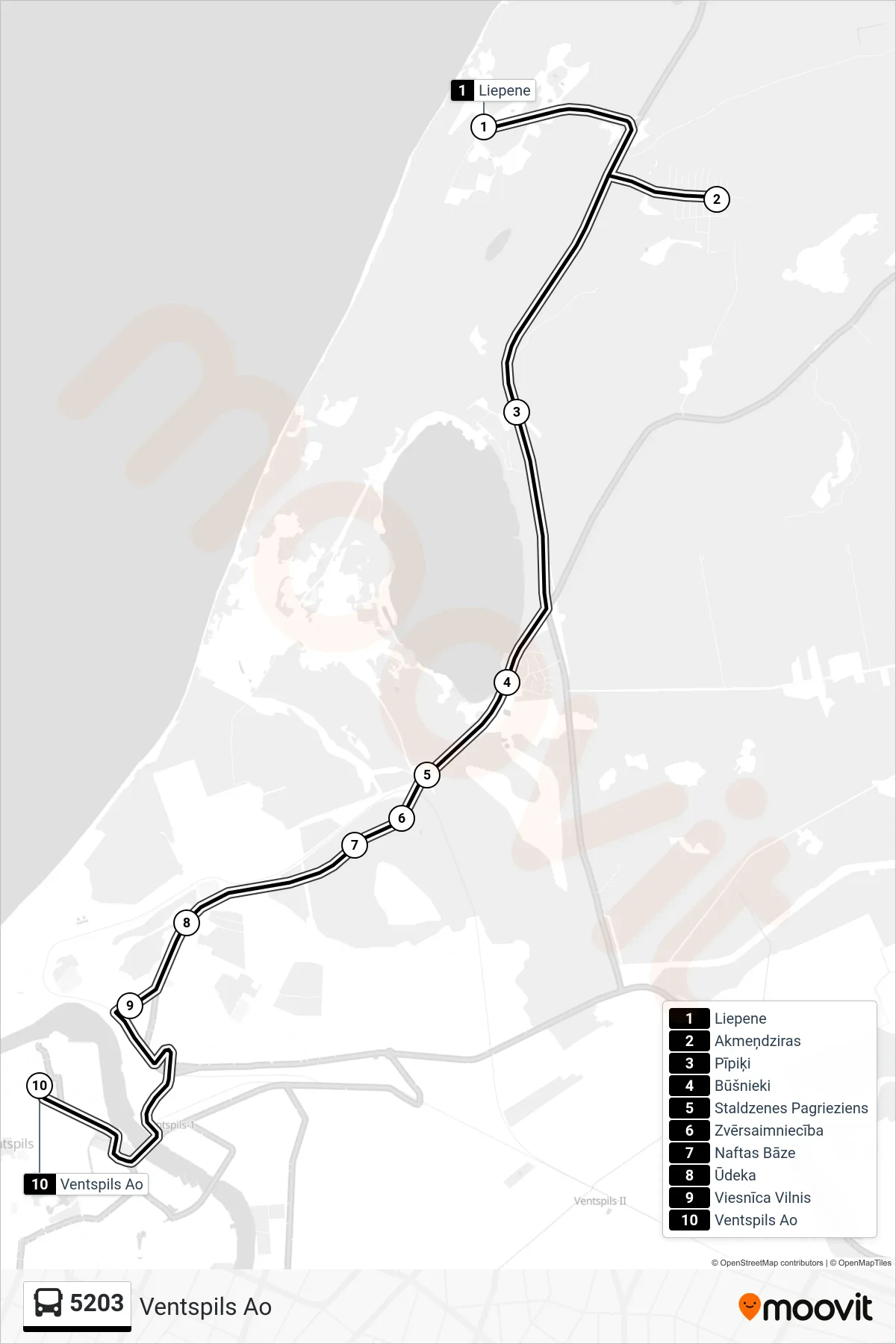 5203 bus Line (Ventspils Ao) route and stops on a map