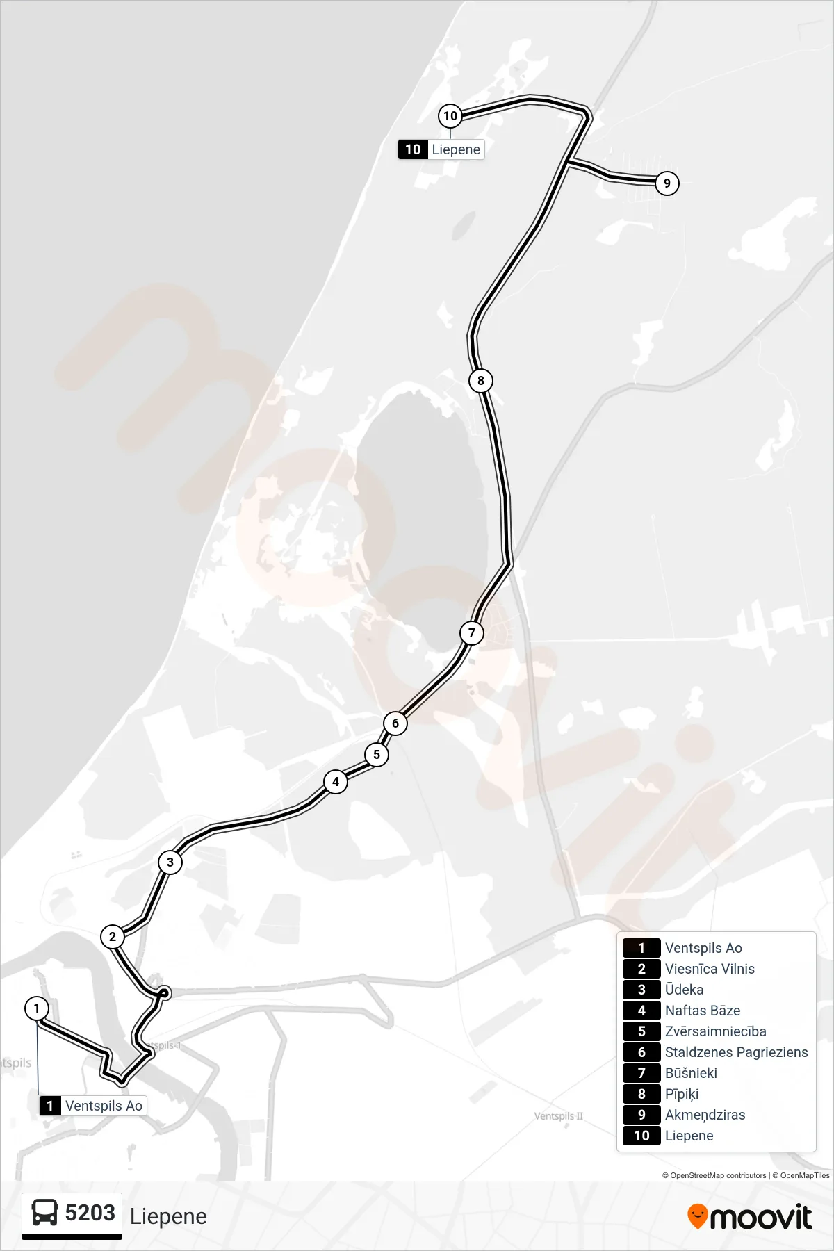 5203 bus Line (Liepene) route and stops on a map
