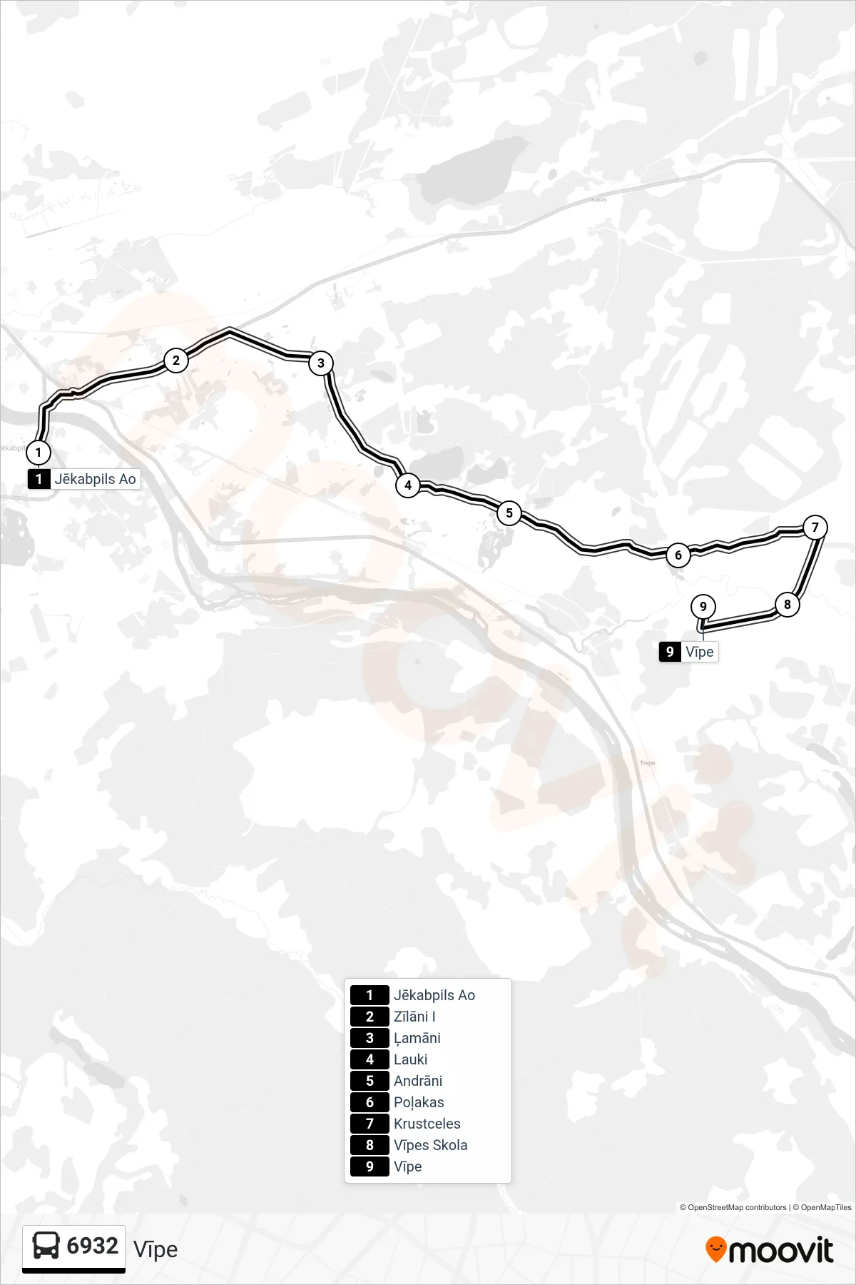 6932 bus Line (Vīpe) route and stops on a map