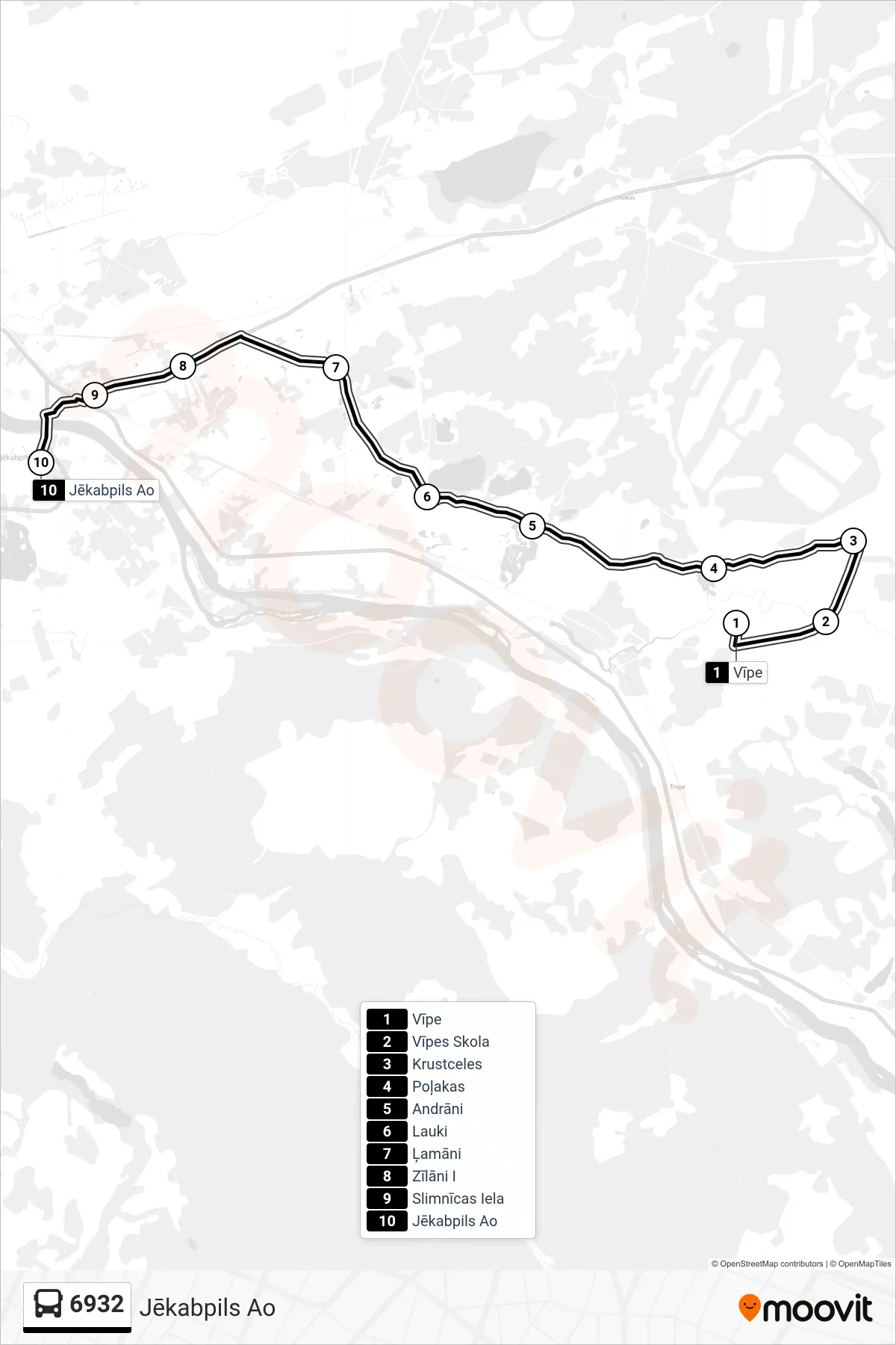 6932 bus Line (Jēkabpils Ao) route and stops on a map