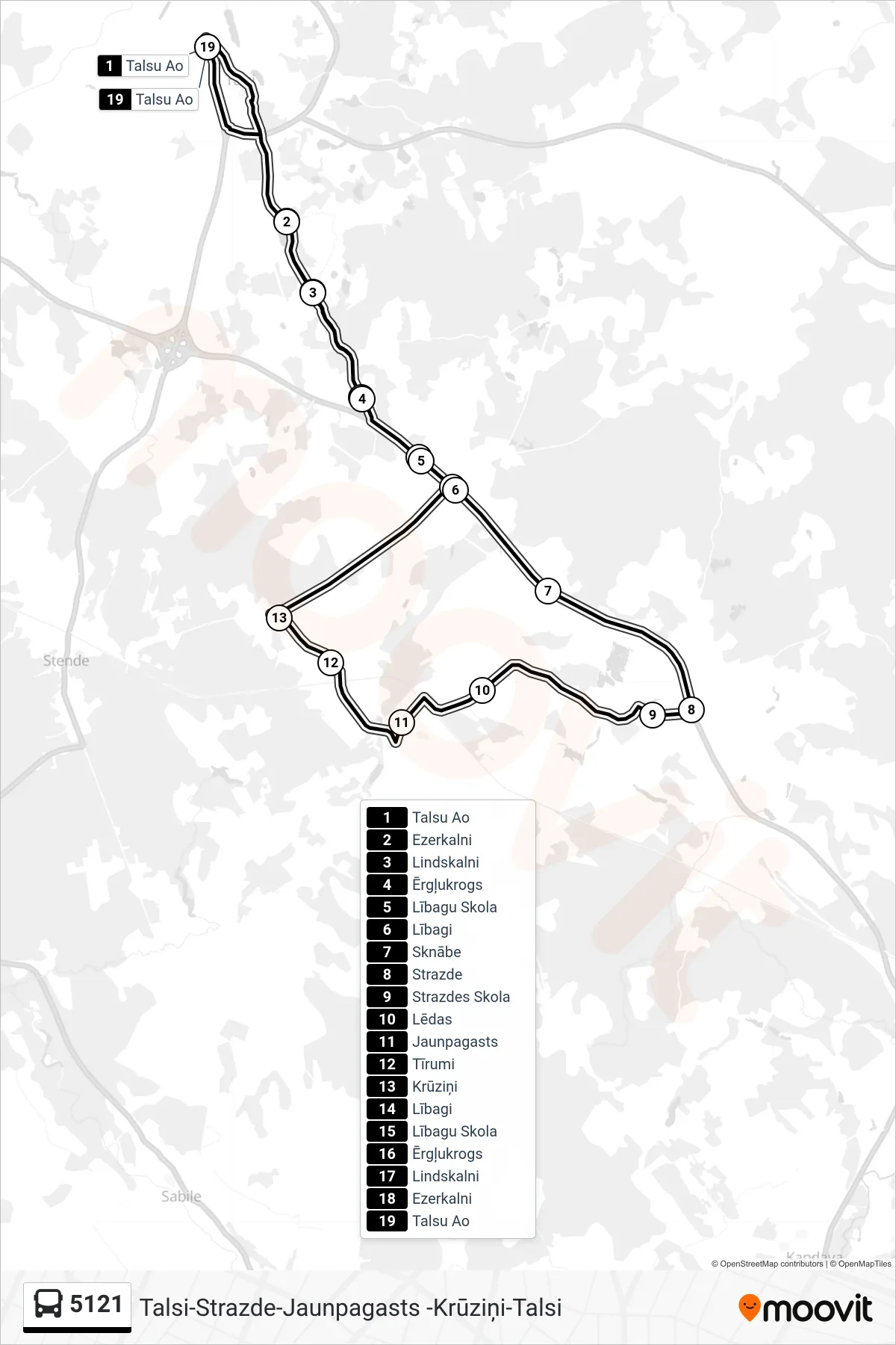 5121 bus Line (Talsu Ao) route and stops on a map