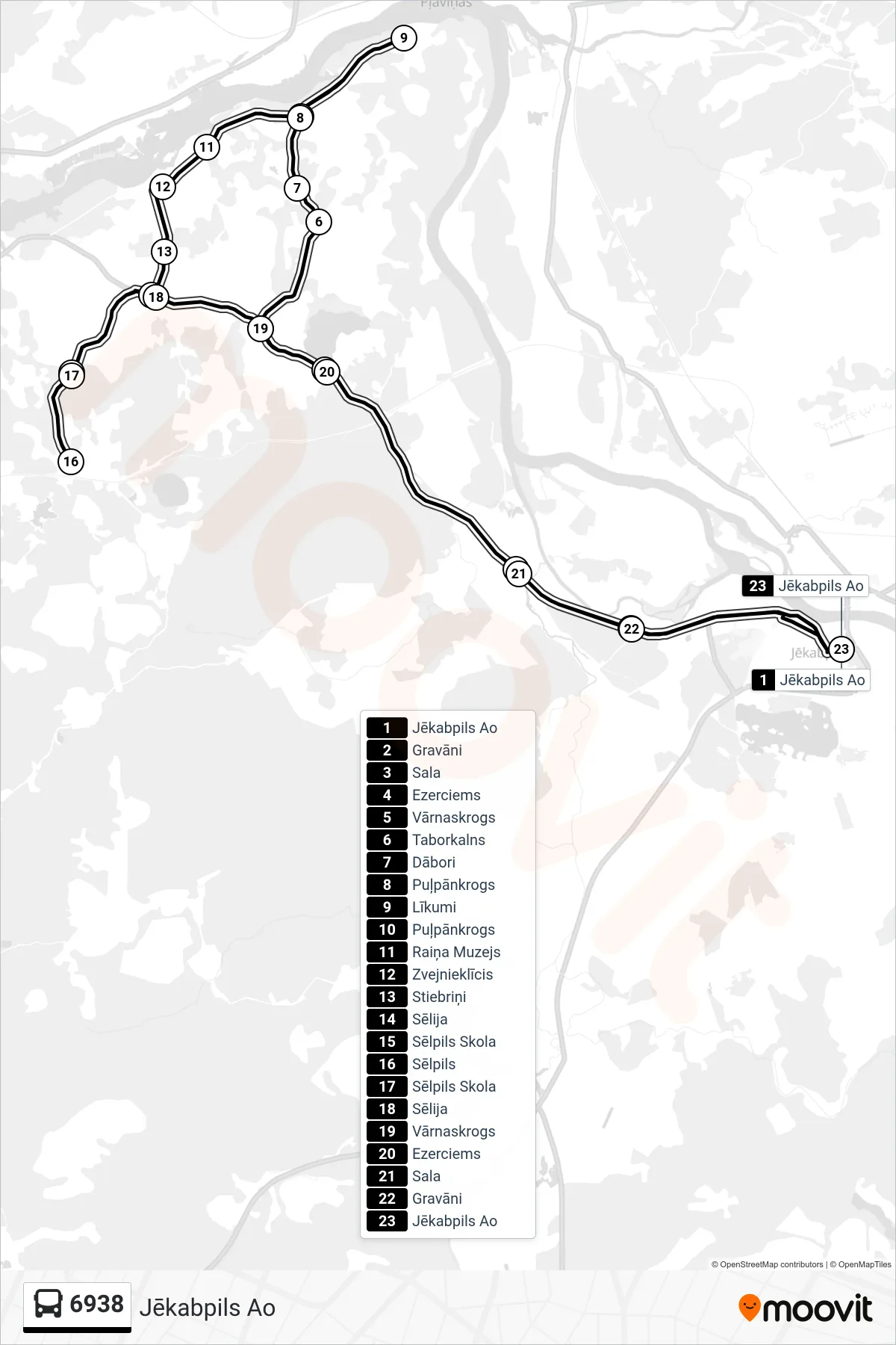 6938 bus Line (Jēkabpils Ao) route and stops on a map
