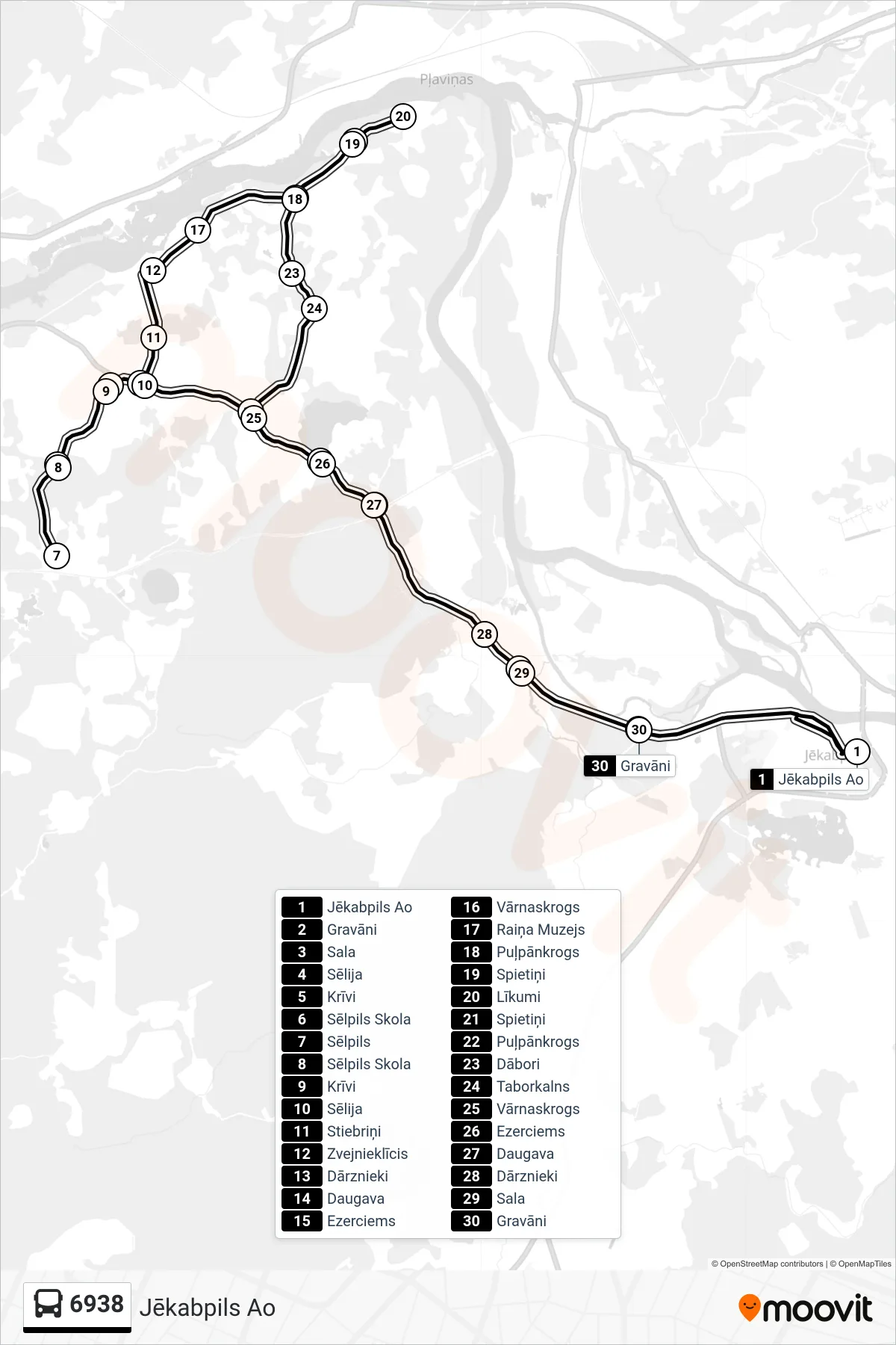 6938 bus Line (Jēkabpils Ao) route and stops on a map