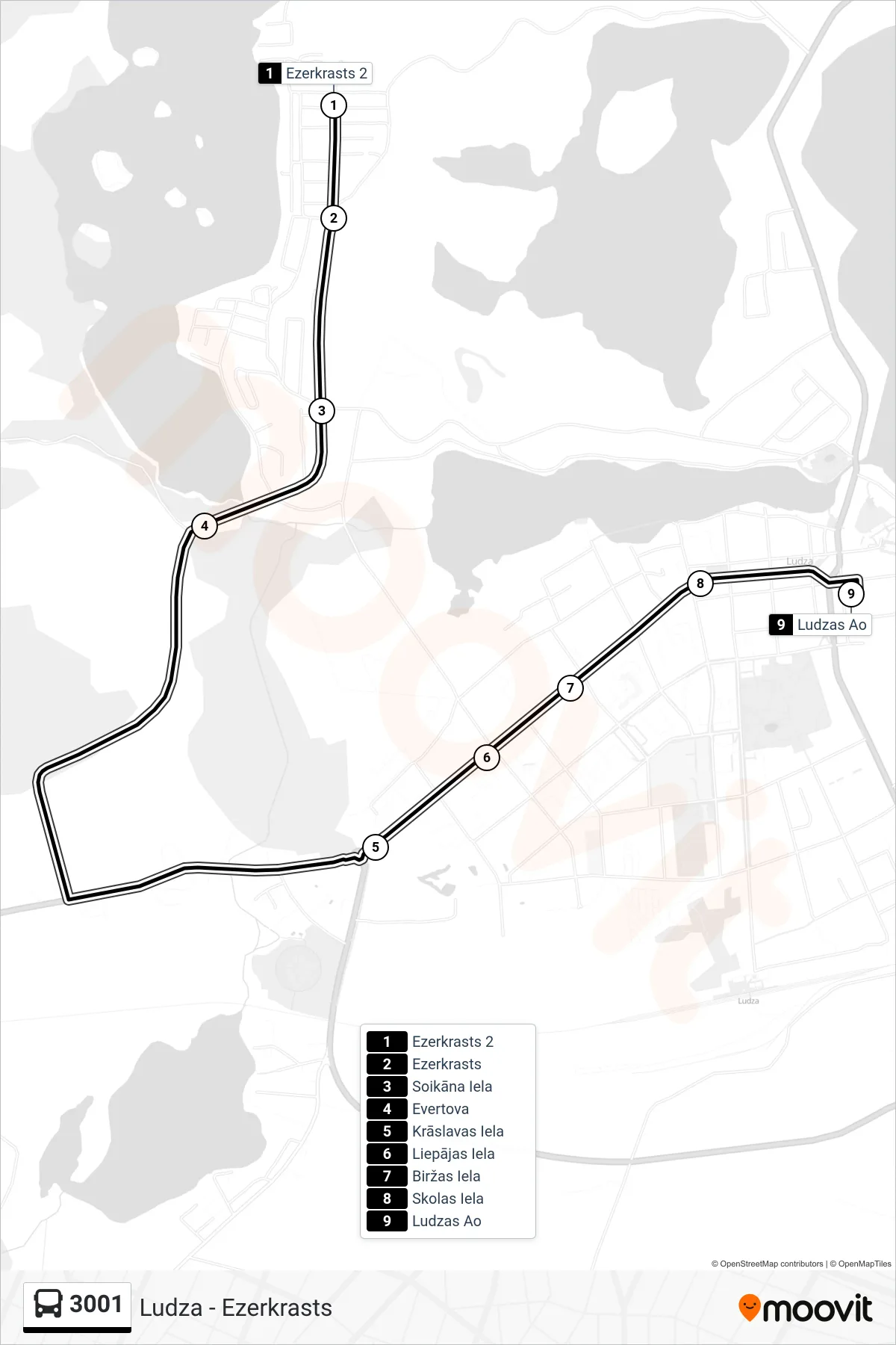 3001 bus Line (Ludzas Ao) route and stops on a map