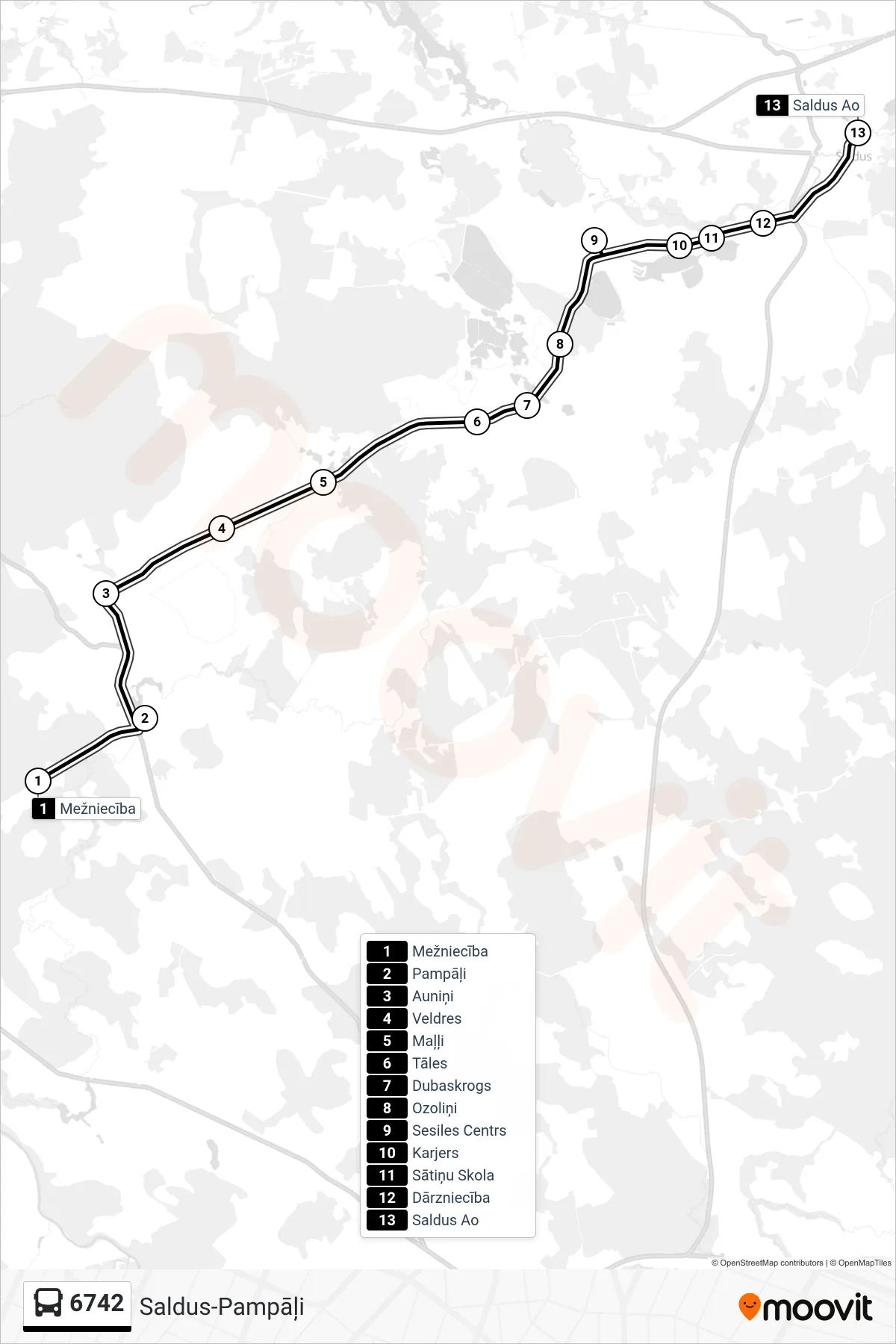 6742 bus Line (Saldus Ao) route and stops on a map