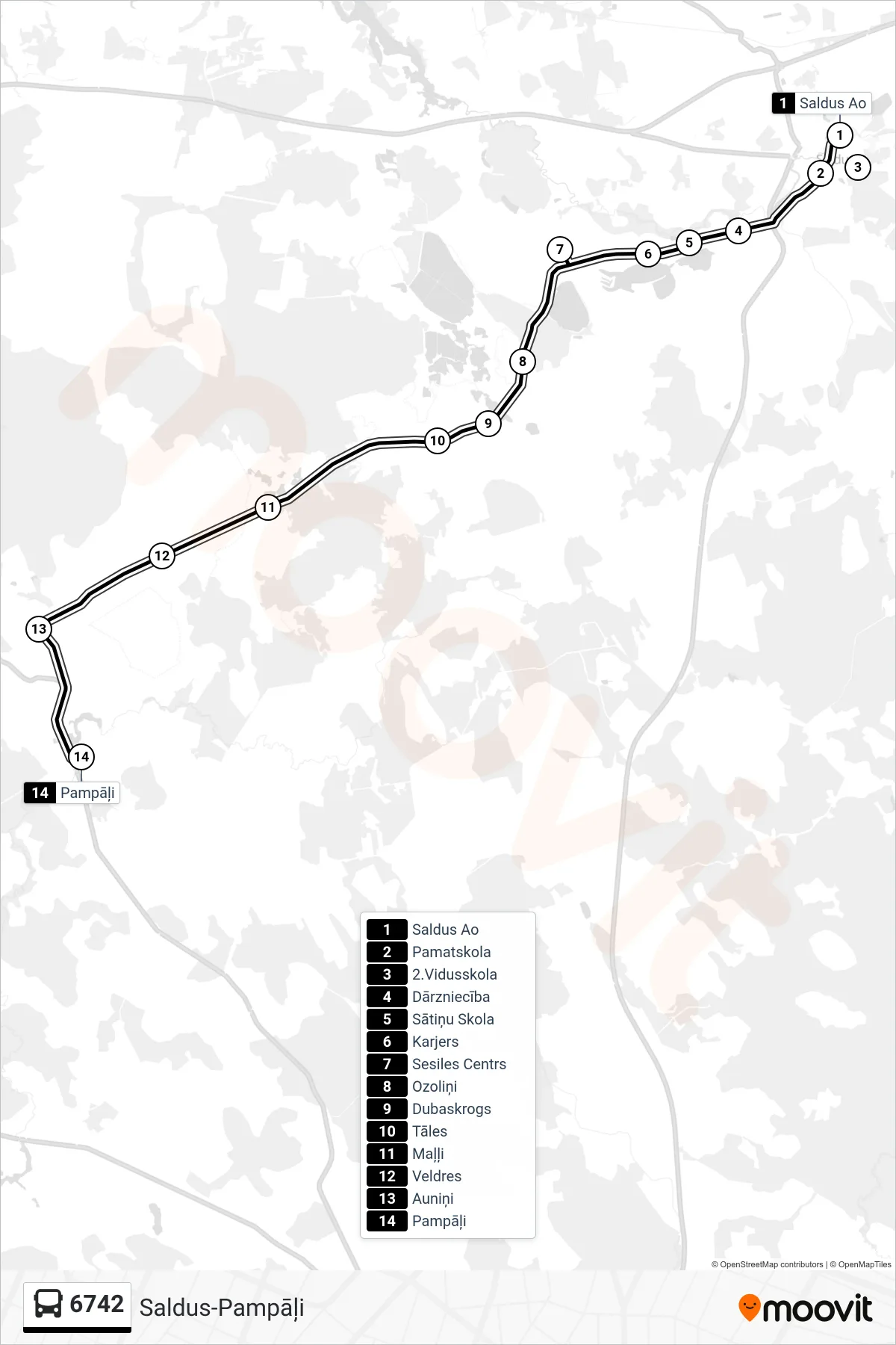 6742 bus Line (Pampāļi) route and stops on a map