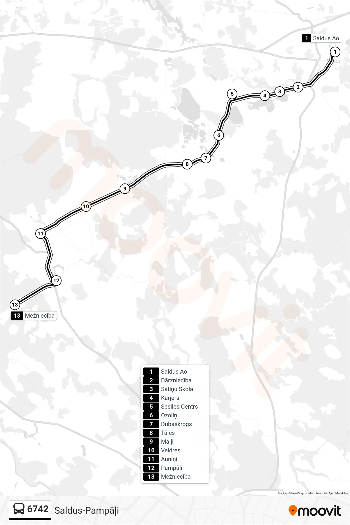 6742 bus Line (Mežniecība) route and stops on a map