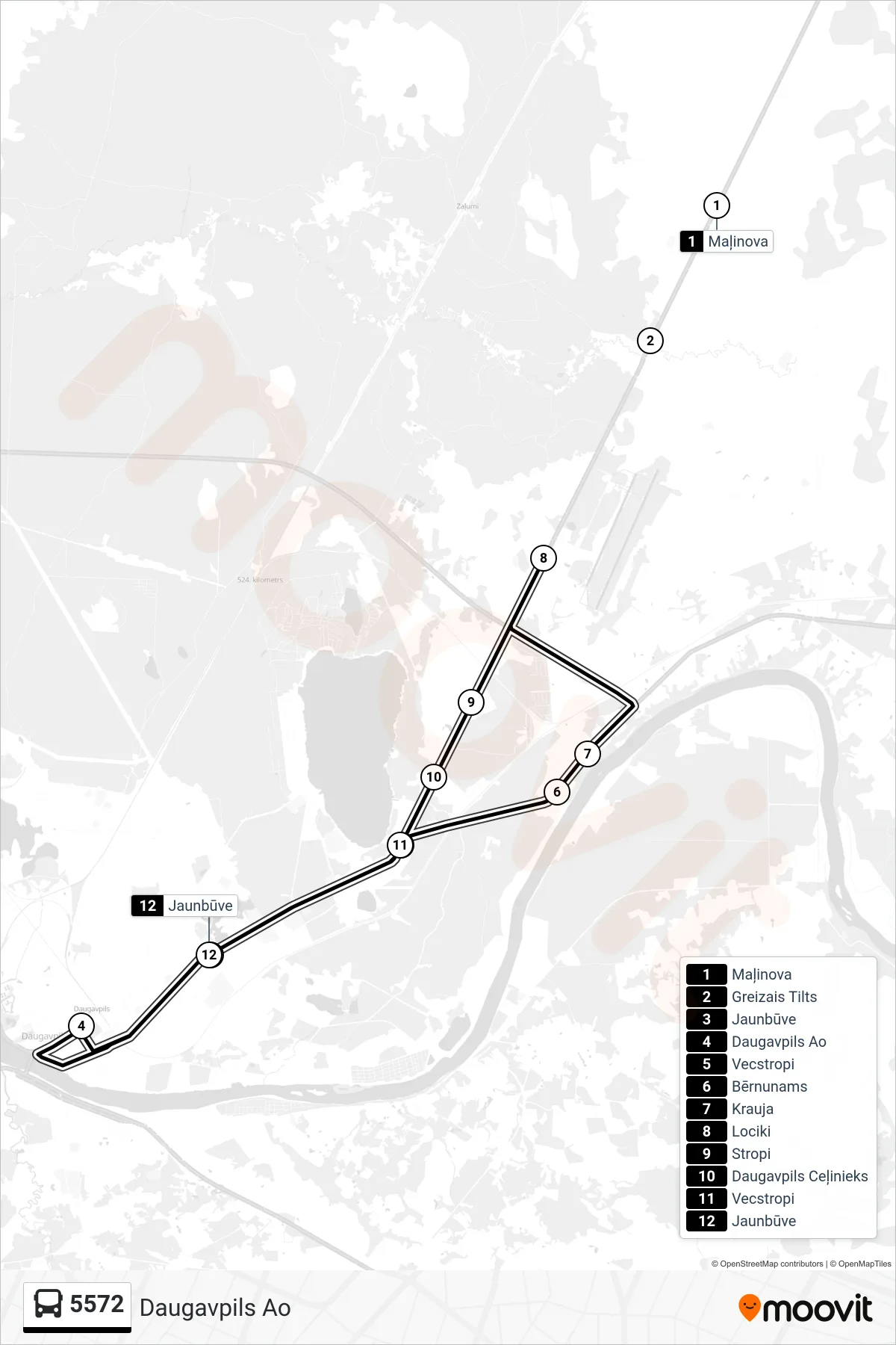 5572 bus Line (Daugavpils Ao) route and stops on a map
