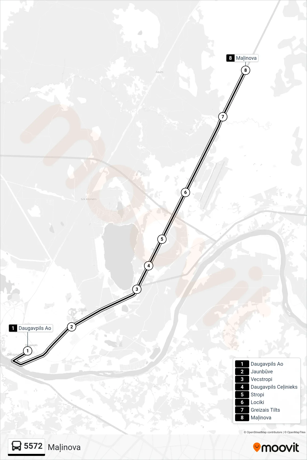 5572 bus Line (Maļinova) route and stops on a map