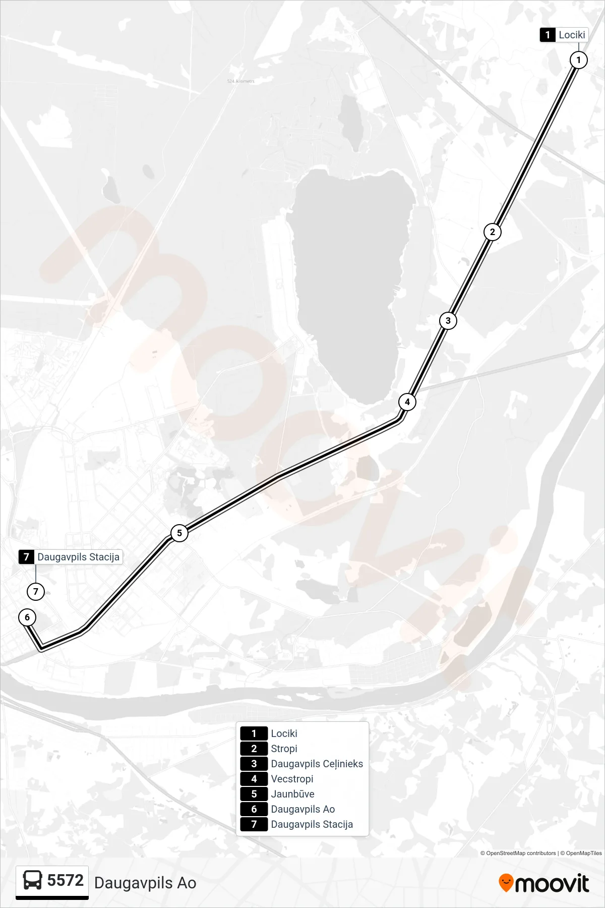 5572 bus Line (Daugavpils Ao) route and stops on a map
