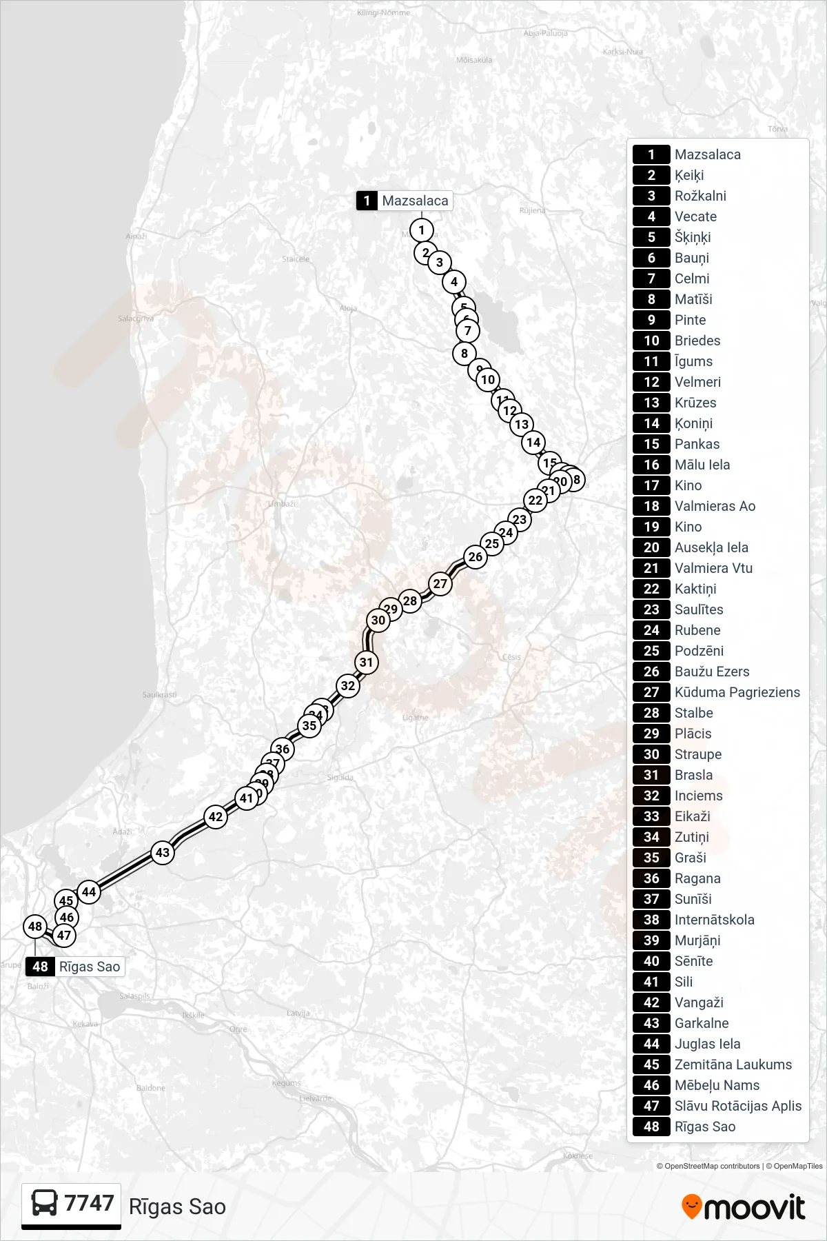 7747 bus Line (Rīgas Sao) route and stops on a map