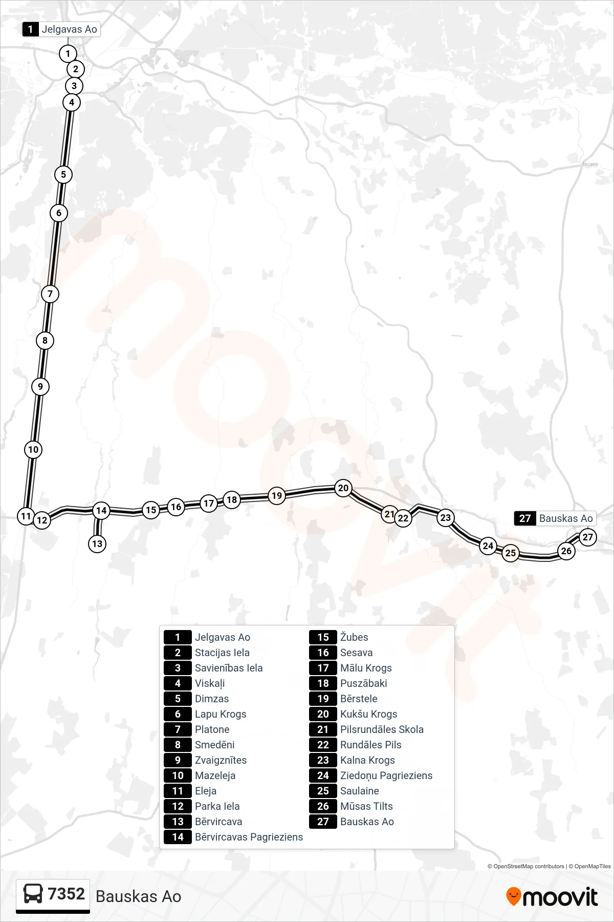 7352 bus Line (Bauskas Ao) route and stops on a map