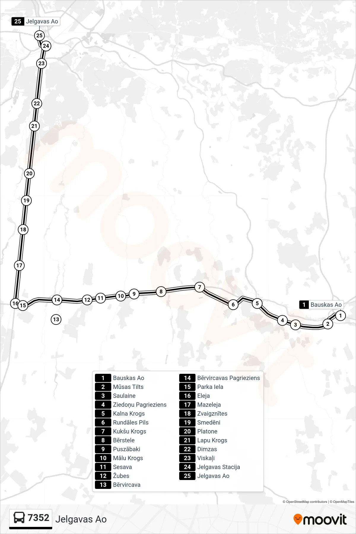 7352 bus Line (Jelgavas Ao) route and stops on a map