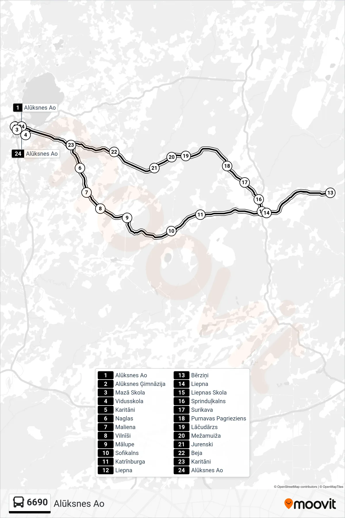 6690 bus Line (Alūksnes Ao) route and stops on a map
