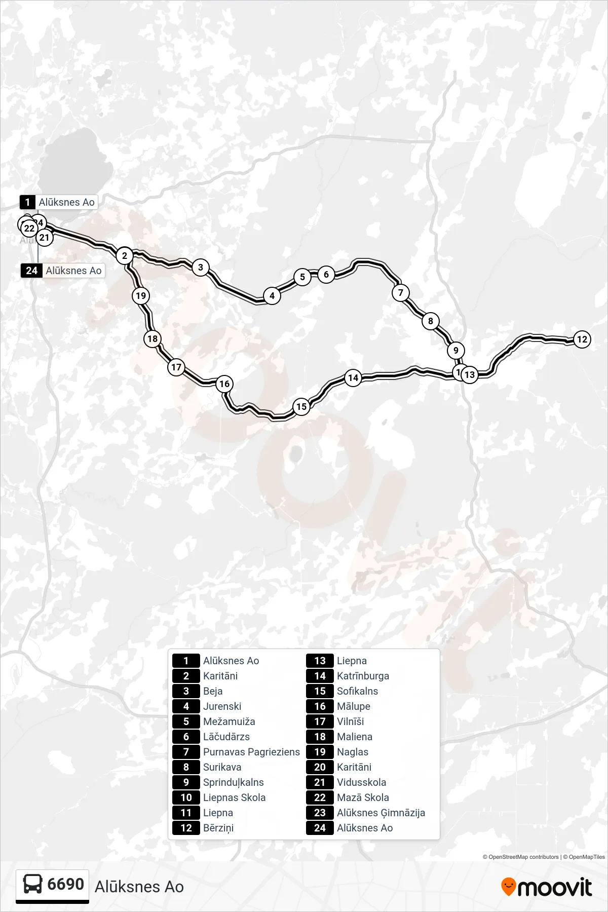 6690 bus Line (Alūksnes Ao) route and stops on a map
