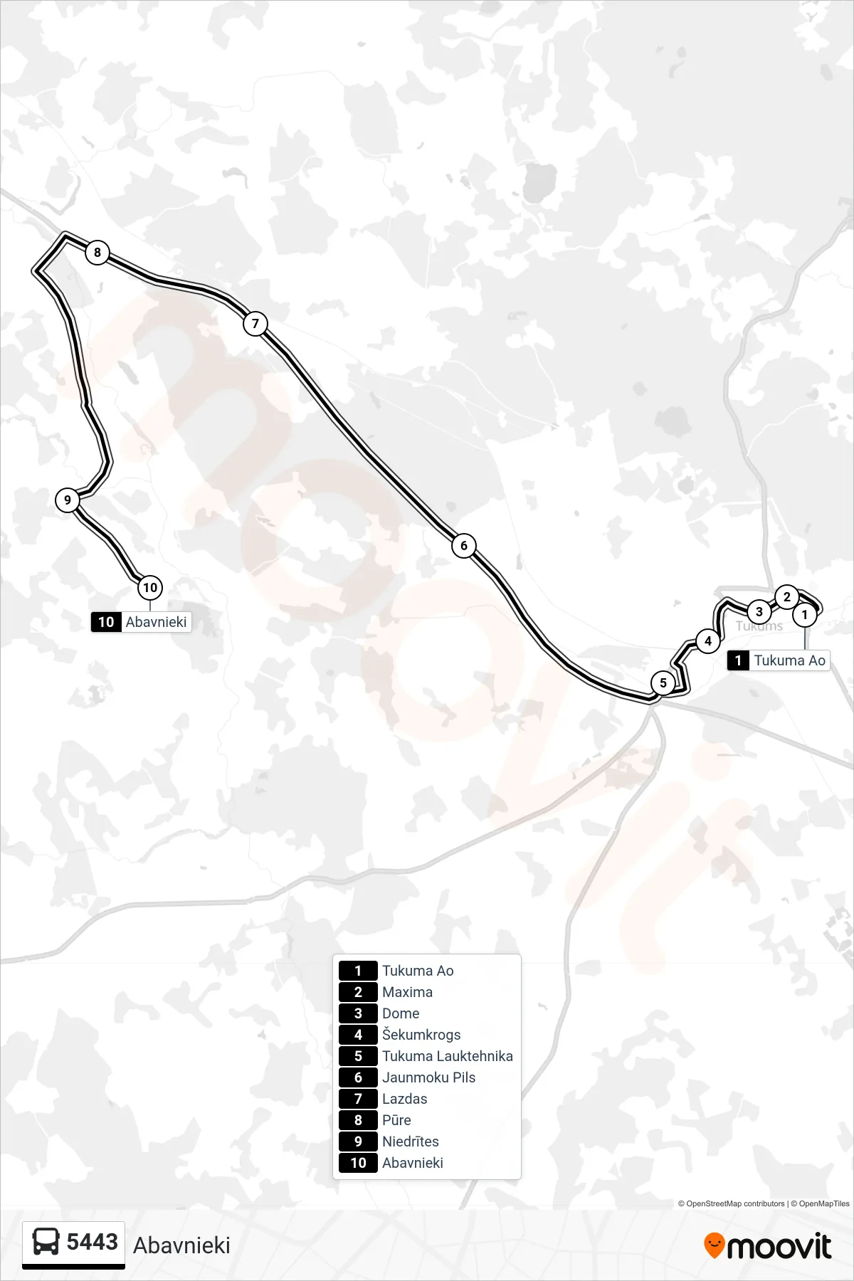 5443 bus Line (Abavnieki) route and stops on a map