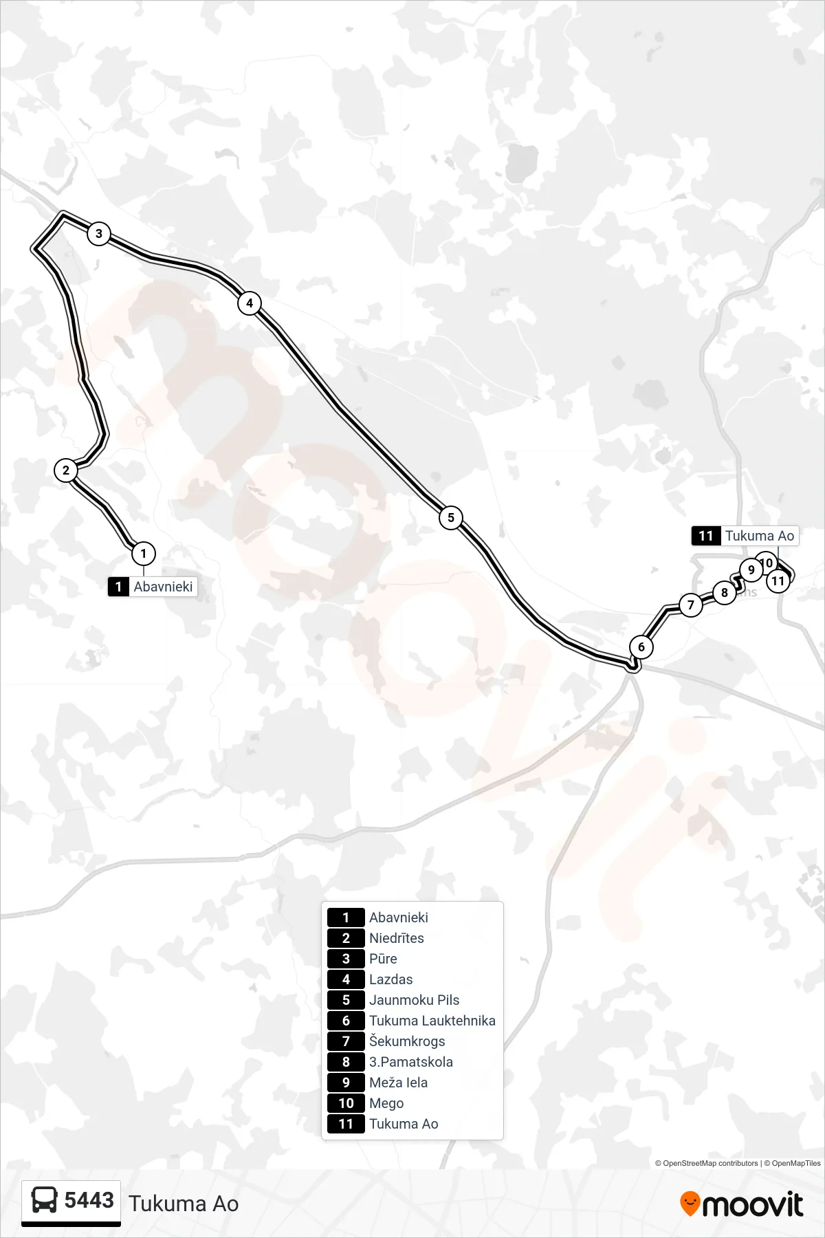 5443 bus Line (Tukuma Ao) route and stops on a map
