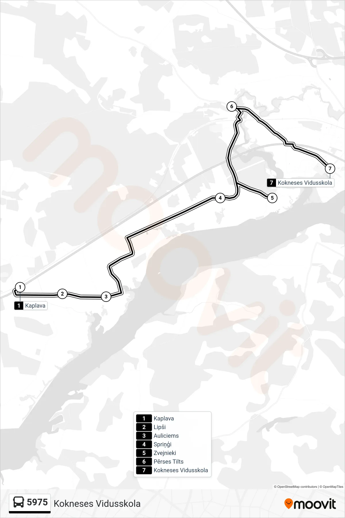 5975 bus Line (Kokneses Vidusskola) route and stops on a map