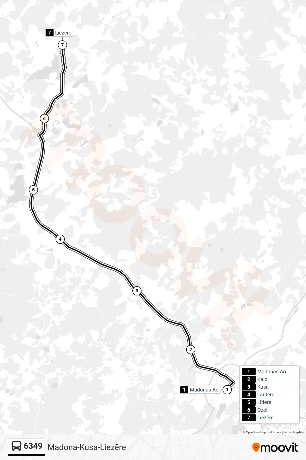 6349 bus Line (Liezēre) route and stops on a map