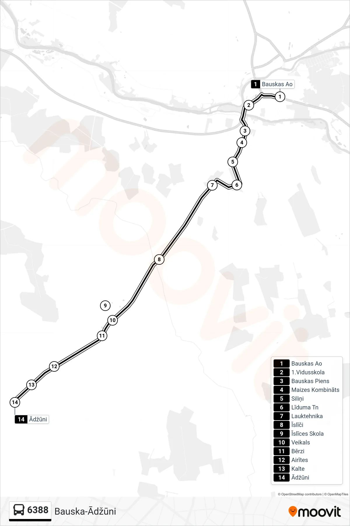 6388 bus Line (Ādžūni) route and stops on a map
