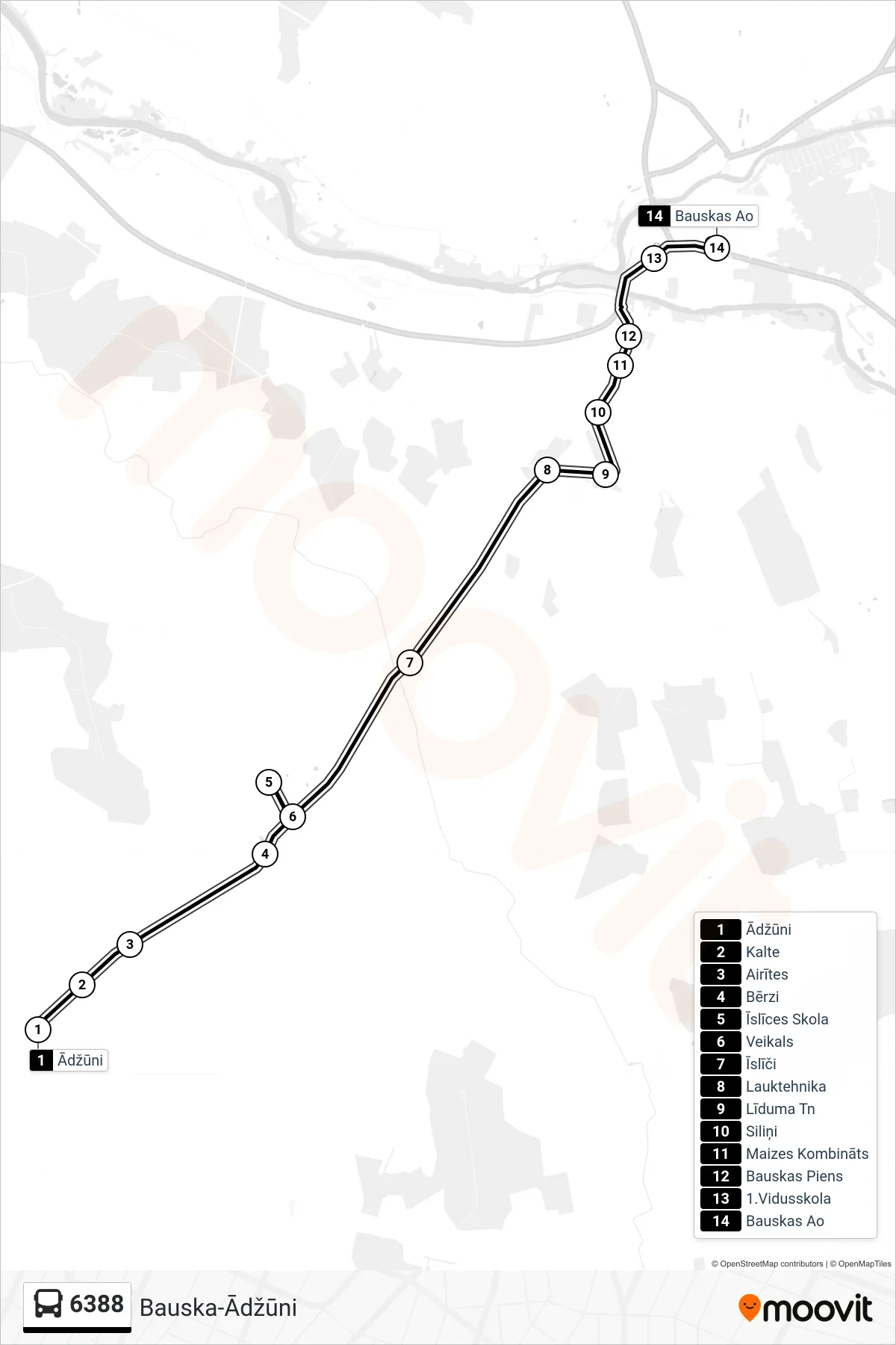 6388 bus Line (Bauskas Ao) route and stops on a map