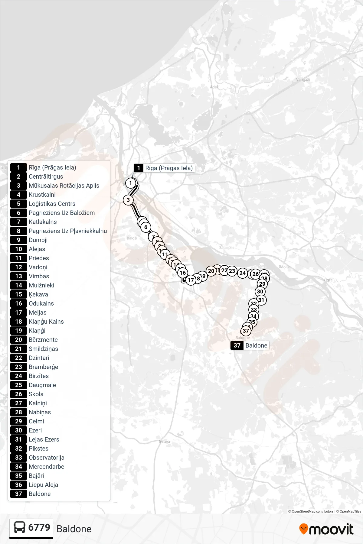 6779 bus Line (Baldone) route and stops on a map