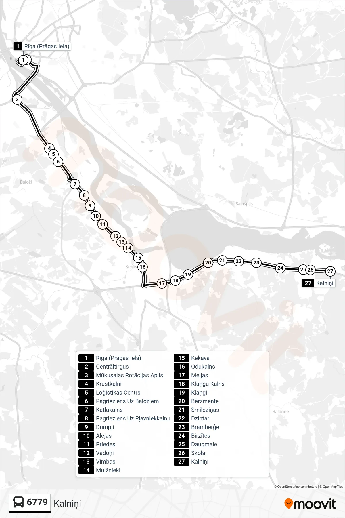 6779 bus Line (Kalniņi) route and stops on a map