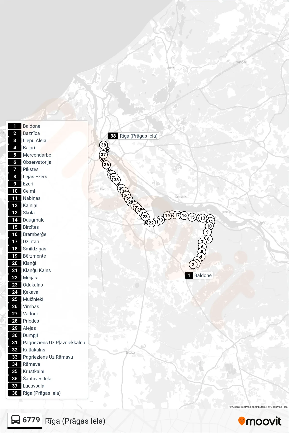 6779 bus Line (Rīga (Prāgas Iela)) route and stops on a map