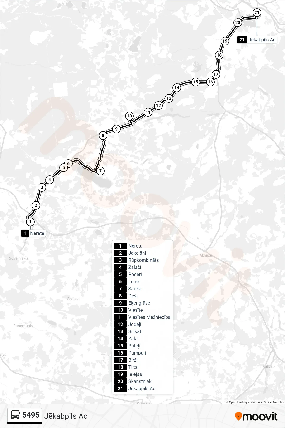 5495 bus Line (Jēkabpils Ao) route and stops on a map