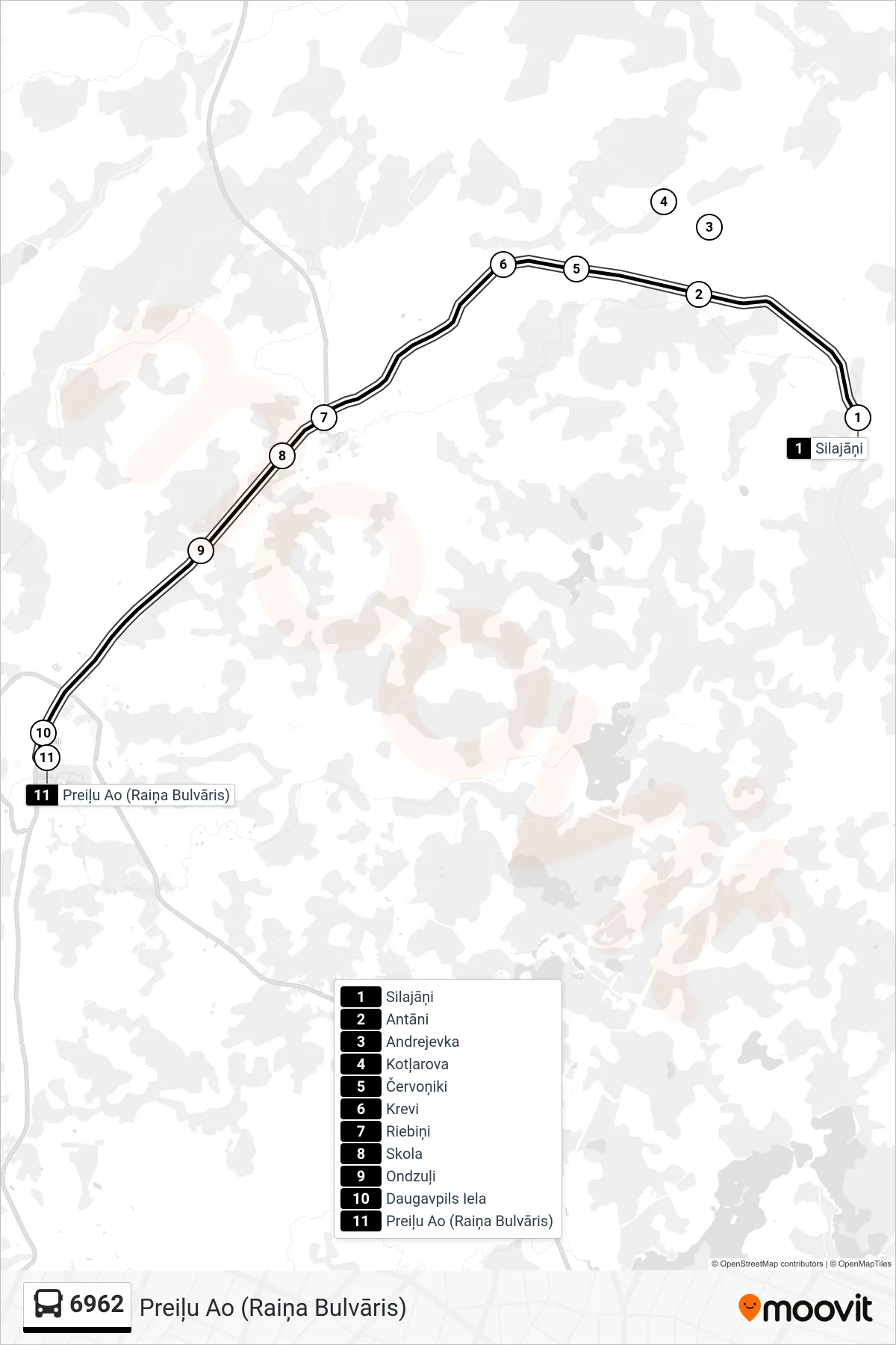 6962 bus Line (Preiļu Ao (Raiņa Bulvāris)) route and stops on a map