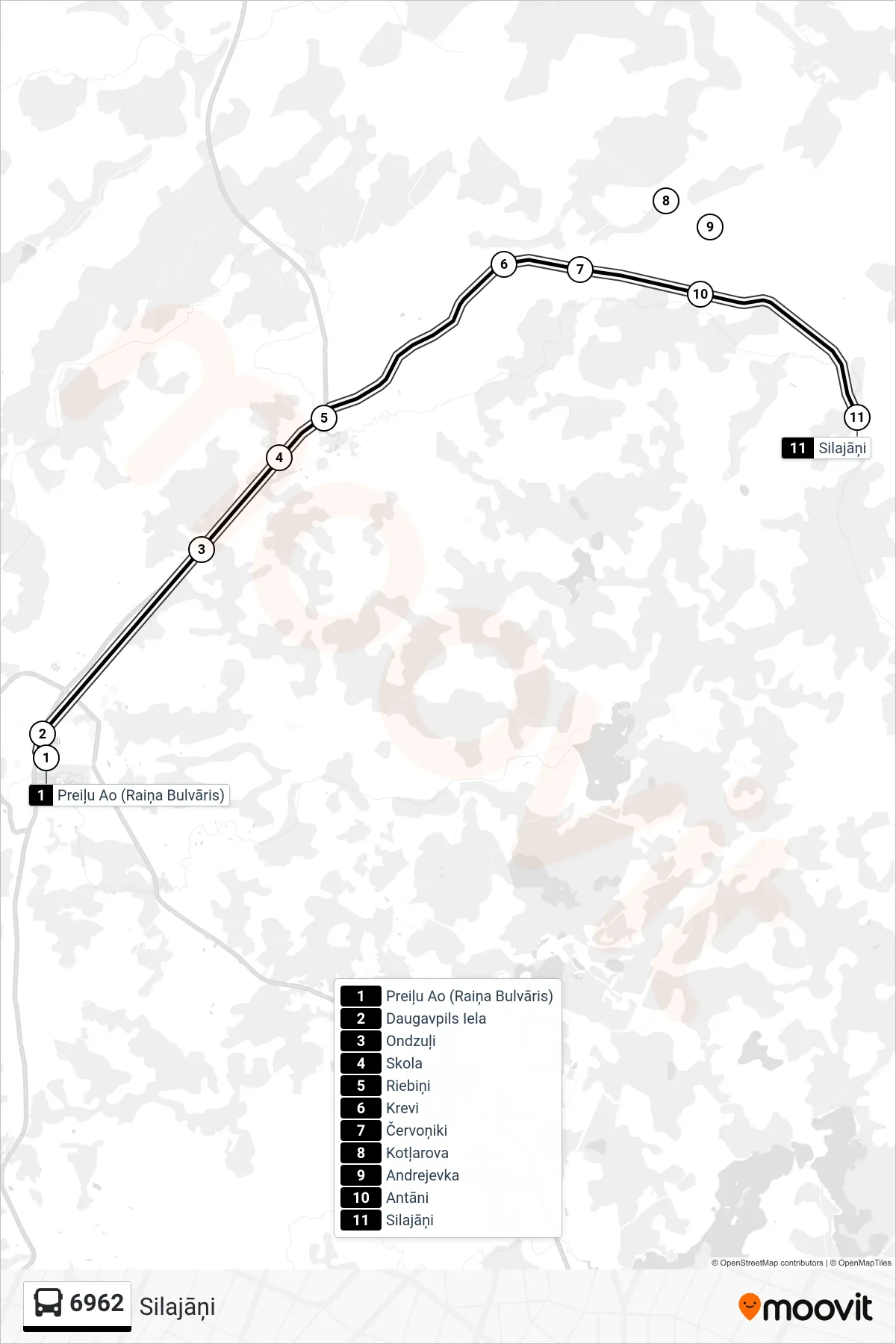 6962 bus Line (Silajāņi) route and stops on a map