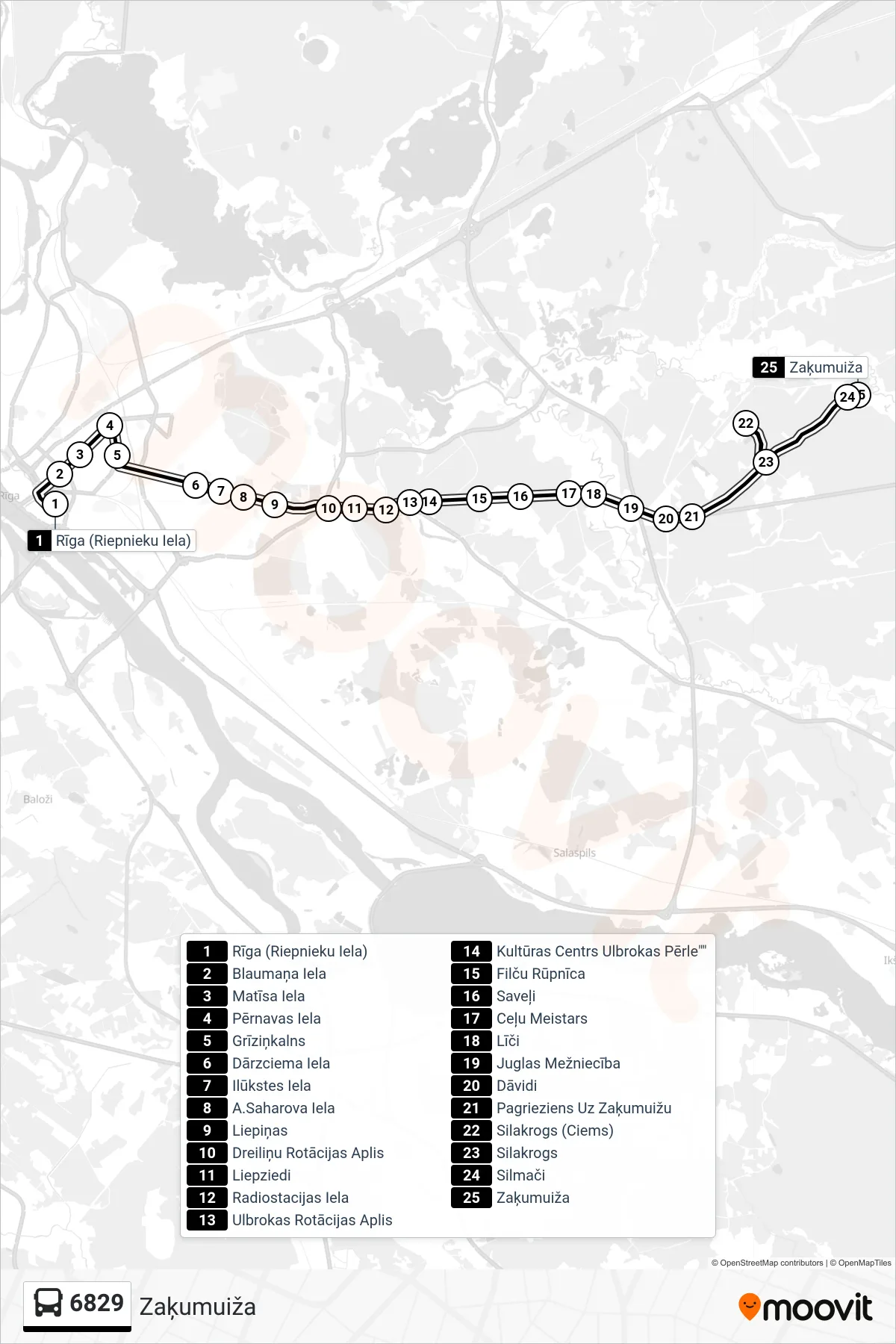 6829 bus Line (Zaķumuiža) route and stops on a map
