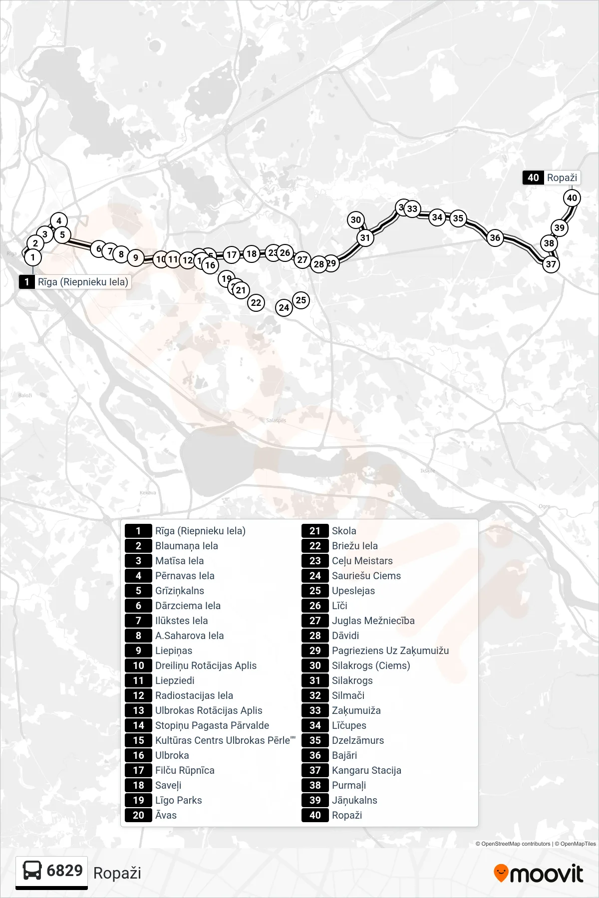 6829 bus Line (Ropaži) route and stops on a map