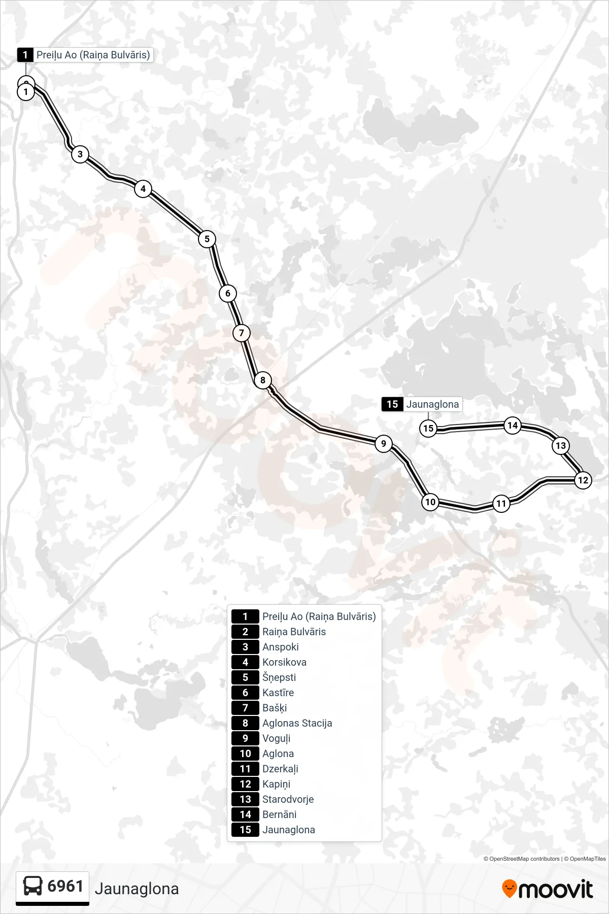 6961 bus Line (Jaunaglona) route and stops on a map