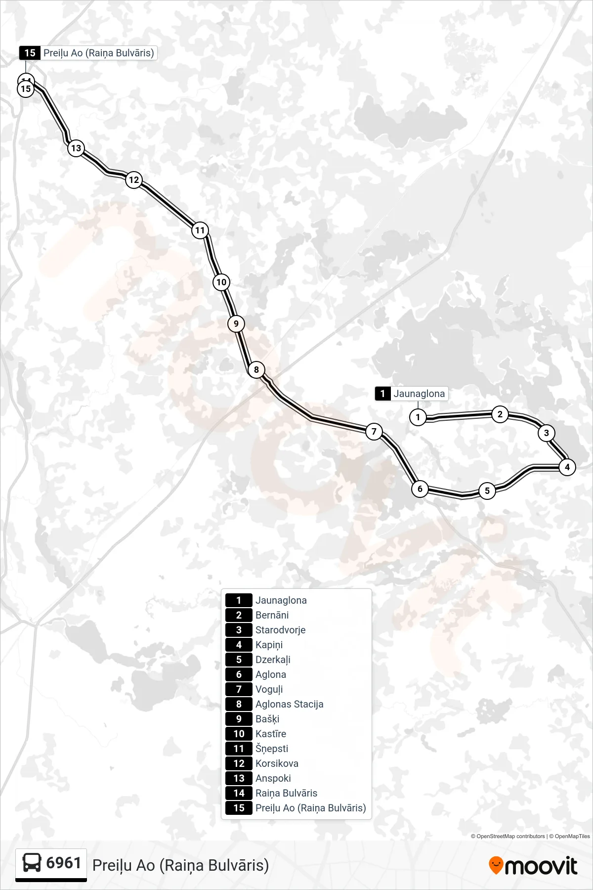 6961 bus Line (Preiļu Ao (Raiņa Bulvāris)) route and stops on a map
