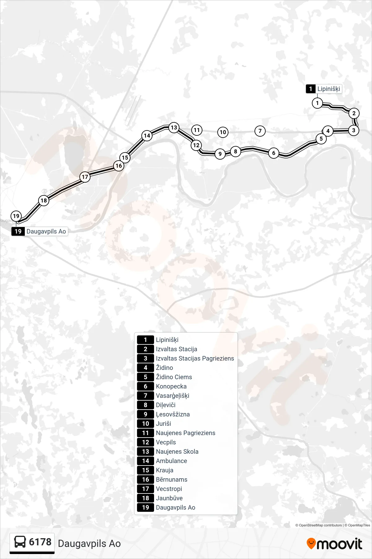 6178 bus Line (Daugavpils Ao) route and stops on a map