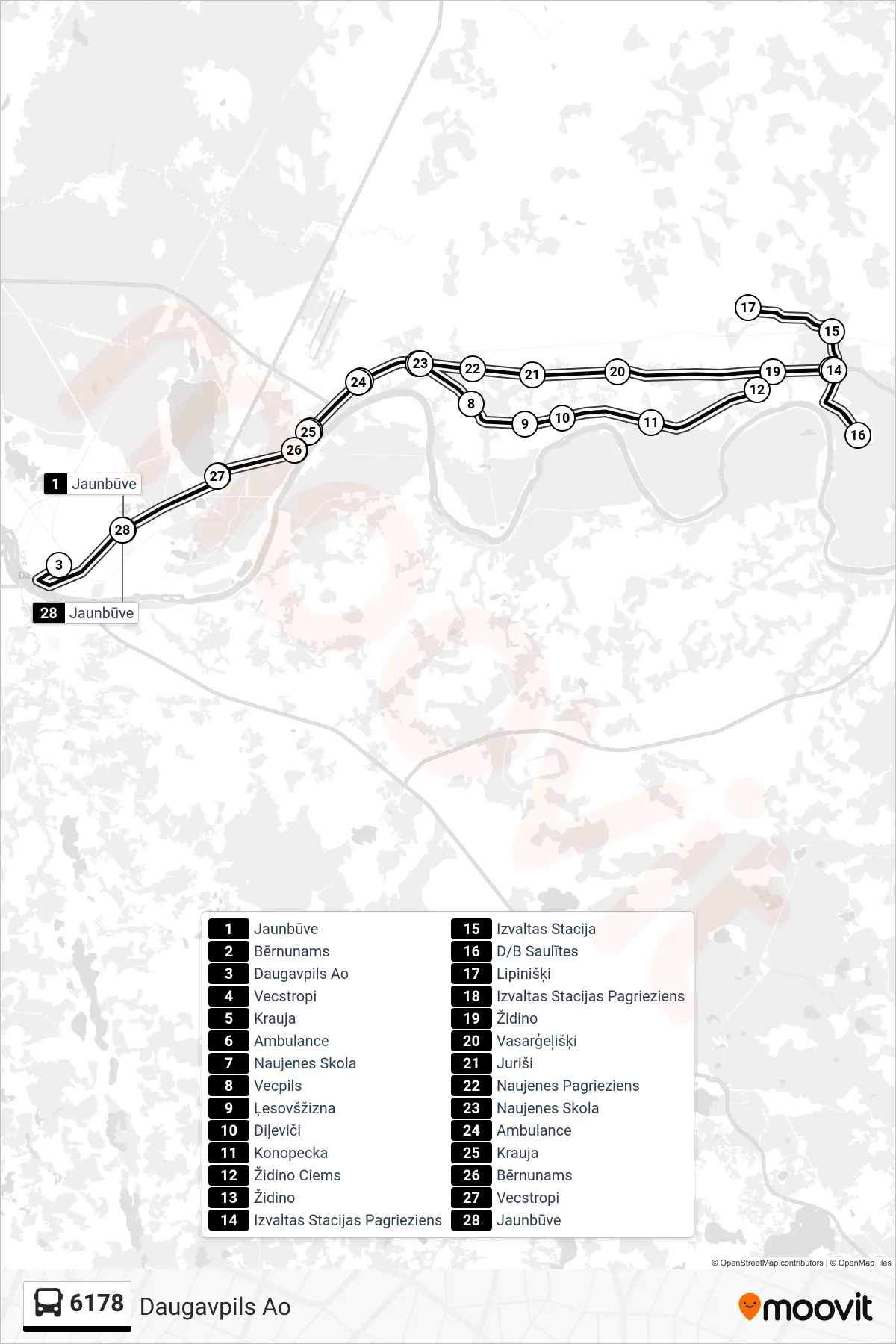 6178 bus Line (Daugavpils Ao) route and stops on a map