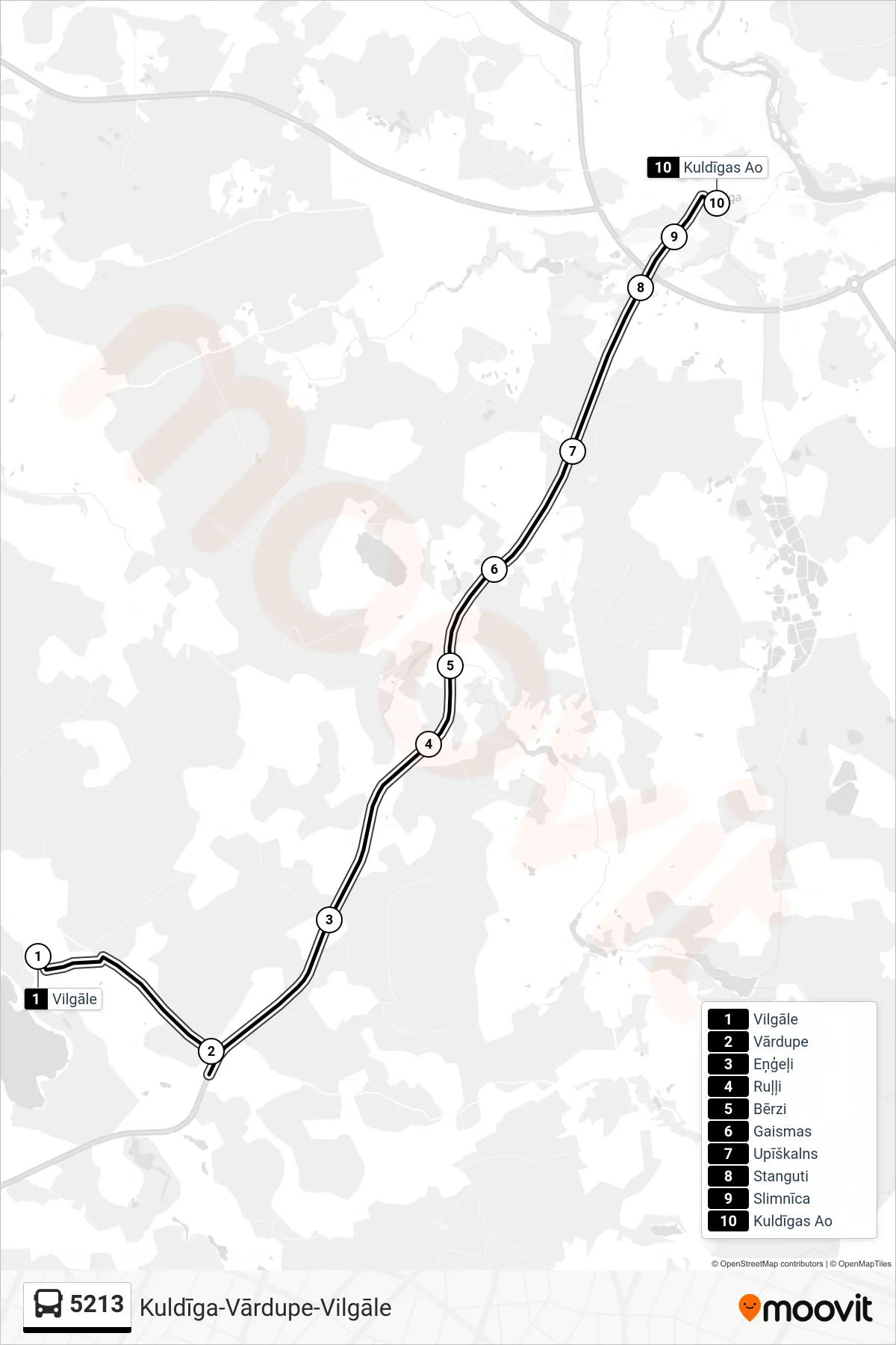 5213 bus Line (Kuldīgas Ao) route and stops on a map