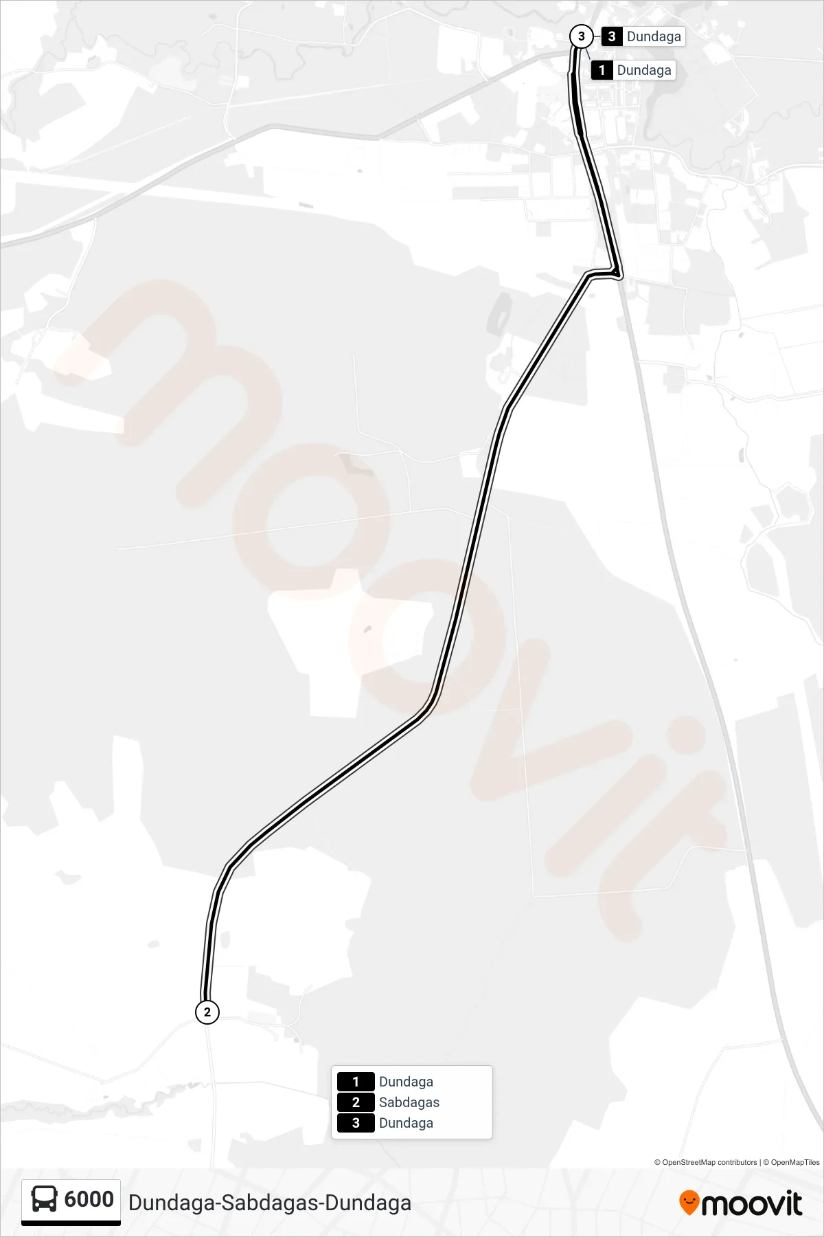 6000 bus Line (Dundaga) route and stops on a map