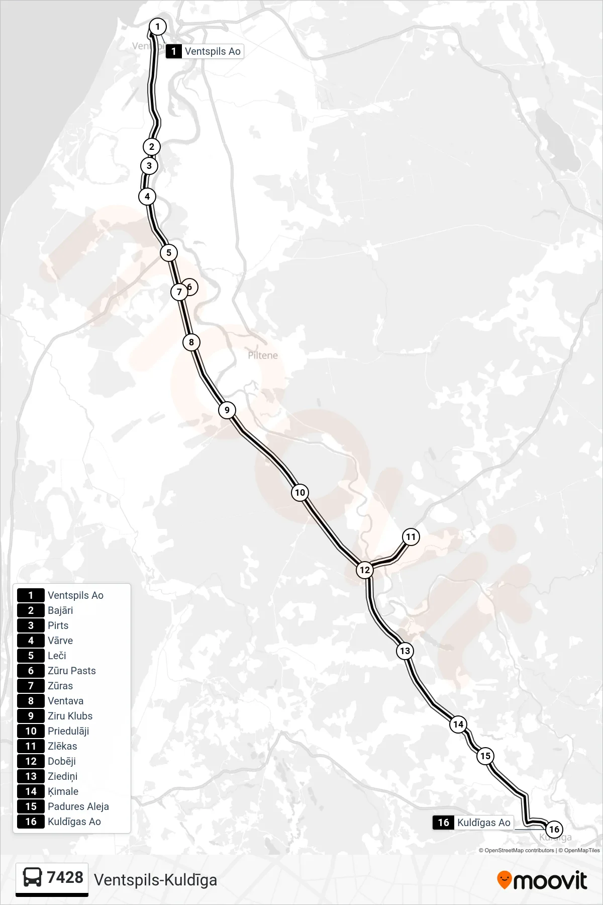 7428 bus Line (Kuldīgas Ao) route and stops on a map