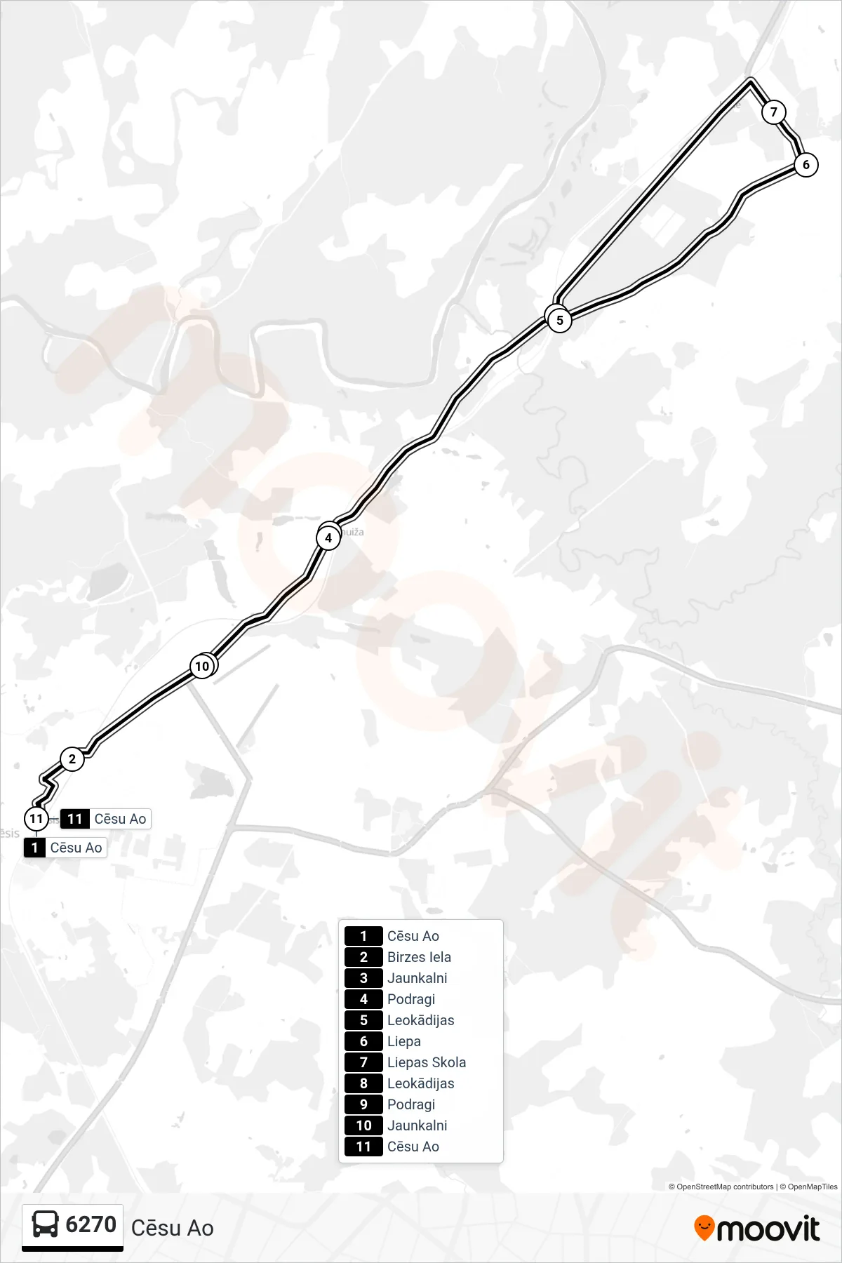 6270 bus Line (Cēsu Ao) route and stops on a map