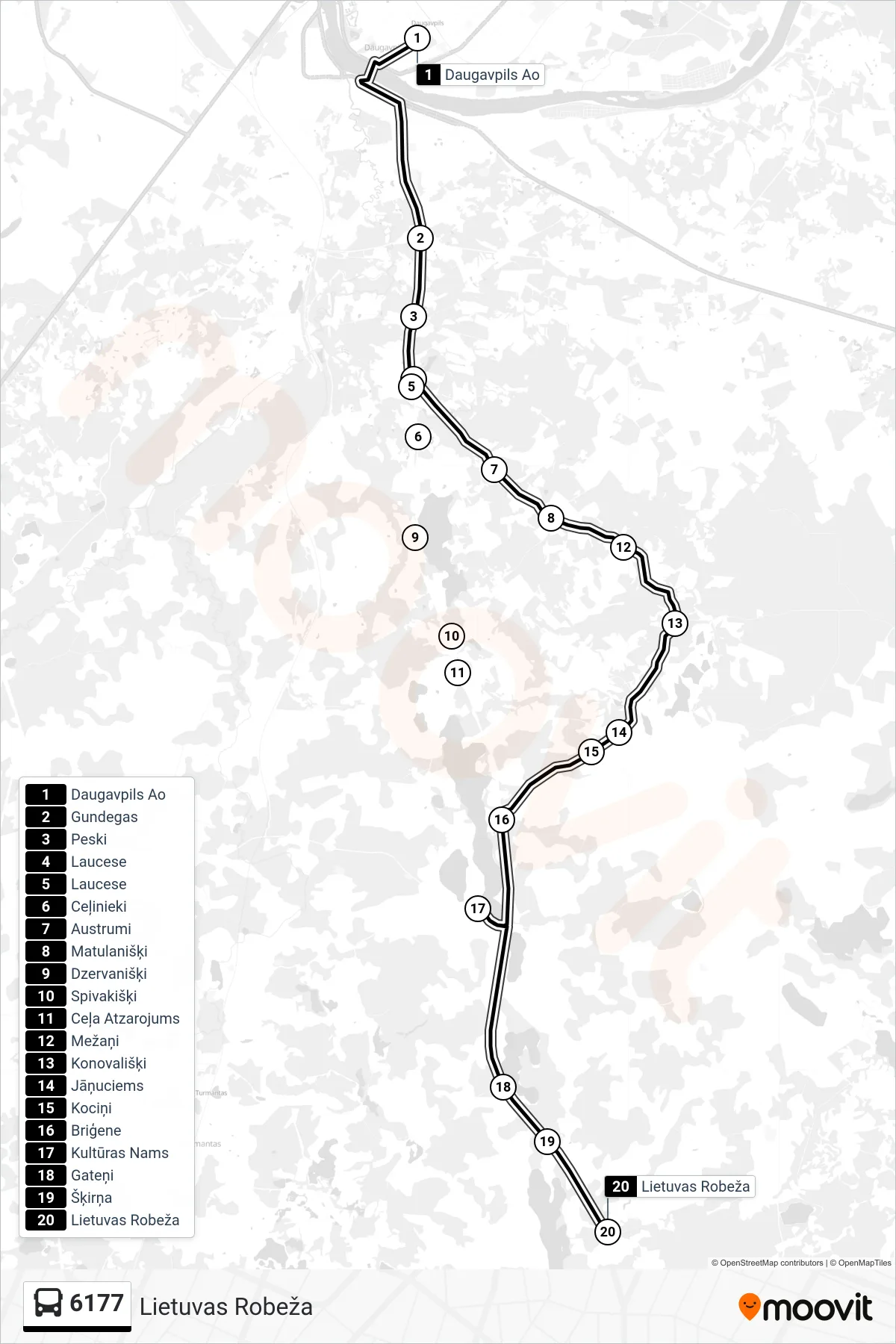 6177 bus Line (Lietuvas Robeža) route and stops on a map