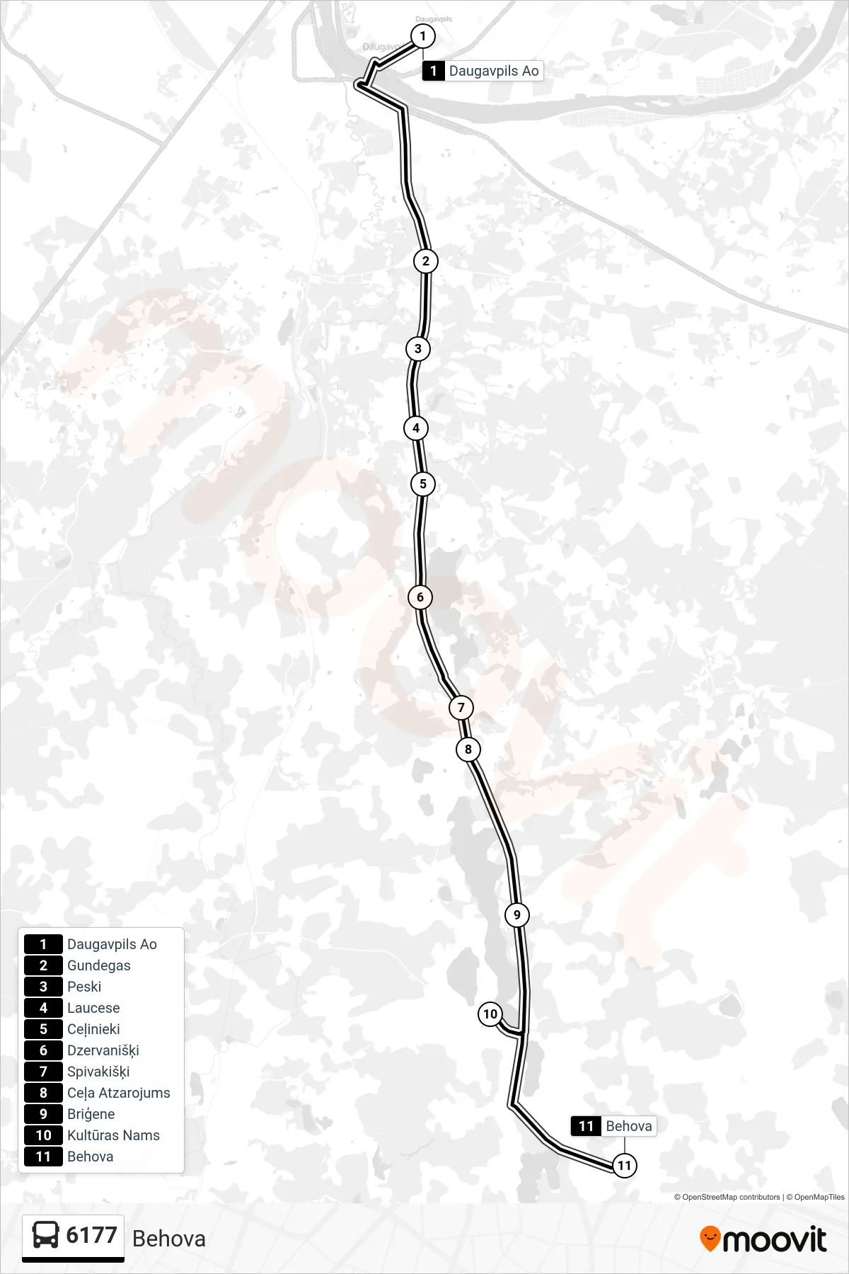 6177 bus Line (Behova) route and stops on a map